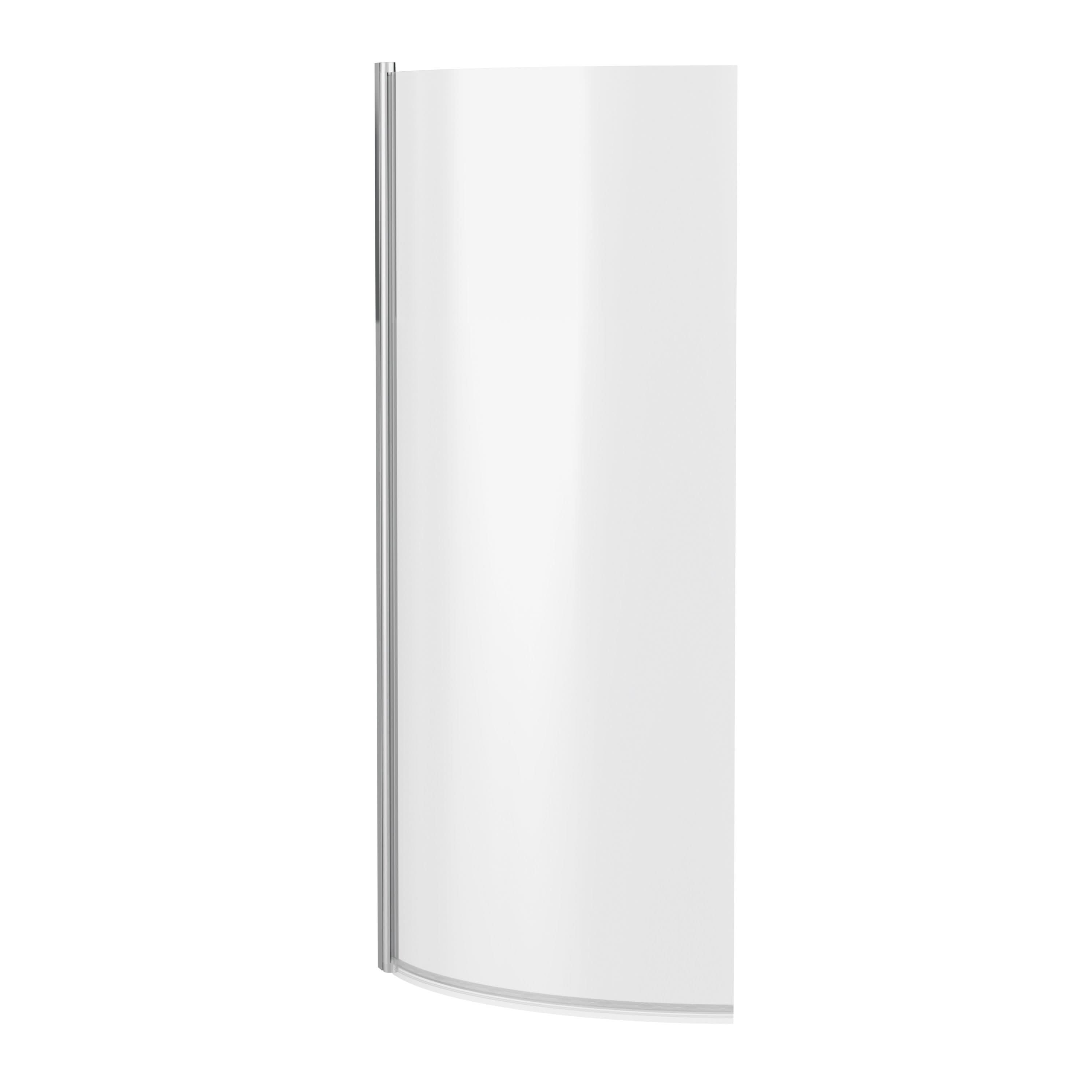 The Nuie Curved P Shaped Shower Bath Screen (1435mm x 720mm, Polished Chrome) features a frameless curved glass design with a left-side polished chrome hinge, ideal for use beside your bath or shower. Brand: Nuie. Background is plain white.