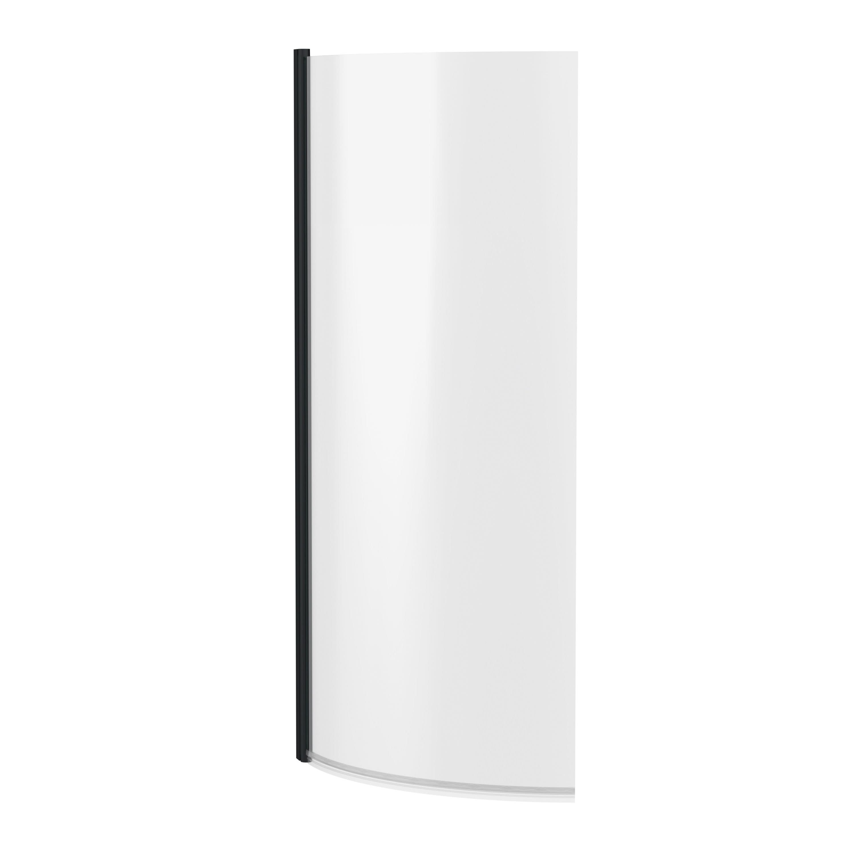 The Nuie Pacific P-Shaped Shower Bath Screen - 1433mm x 715mm, featuring a clear curved panel and a sleek black left vertical frame, is set against a plain white background.