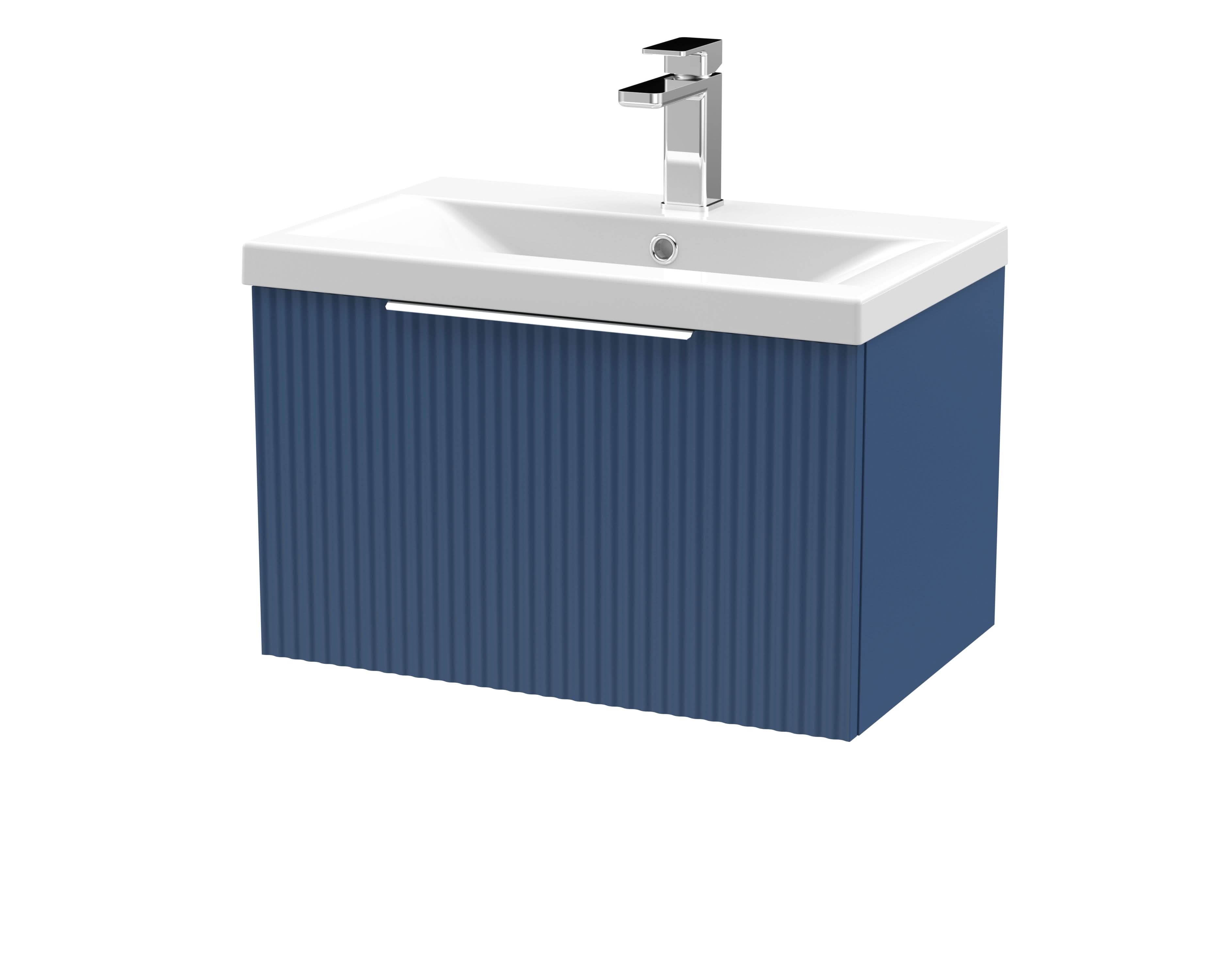 Hudson Reed Fluted Wall Hung 1-Drawer Vanity and Mid-Edge Basin, Contemporary Sink Vanity Unit, Satin Blue, 600mm