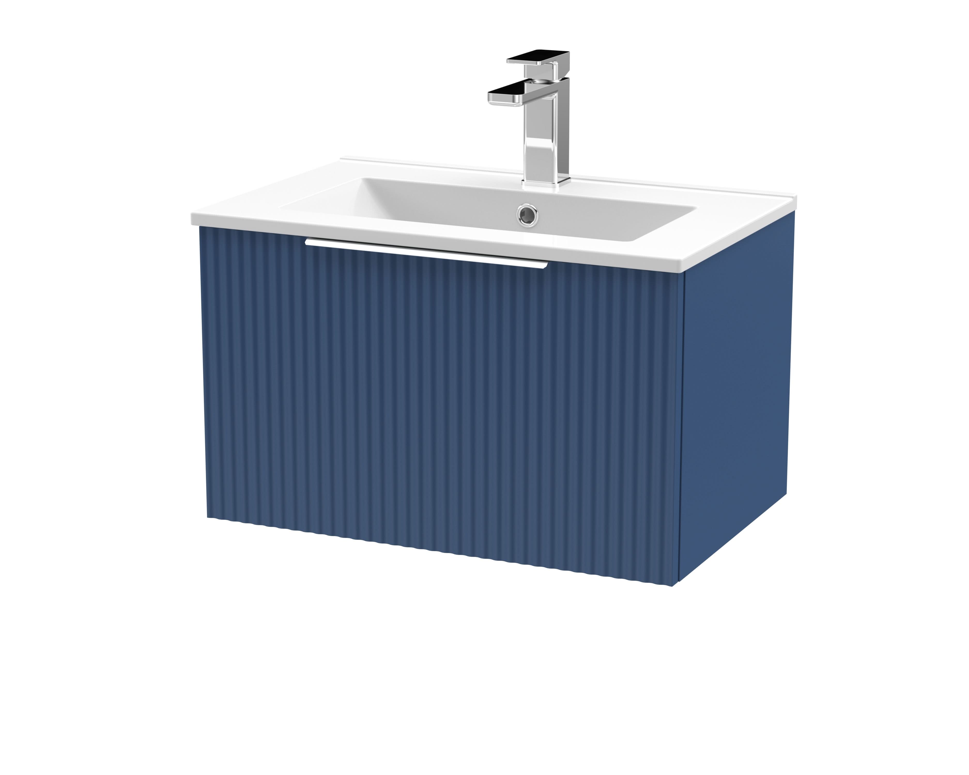 Hudson Reed Fluted Wall Hung 1-Drawer Vanity and Minimalist Basin, Contemporary Sink Vanity Unit, Satin Blue, 600mm