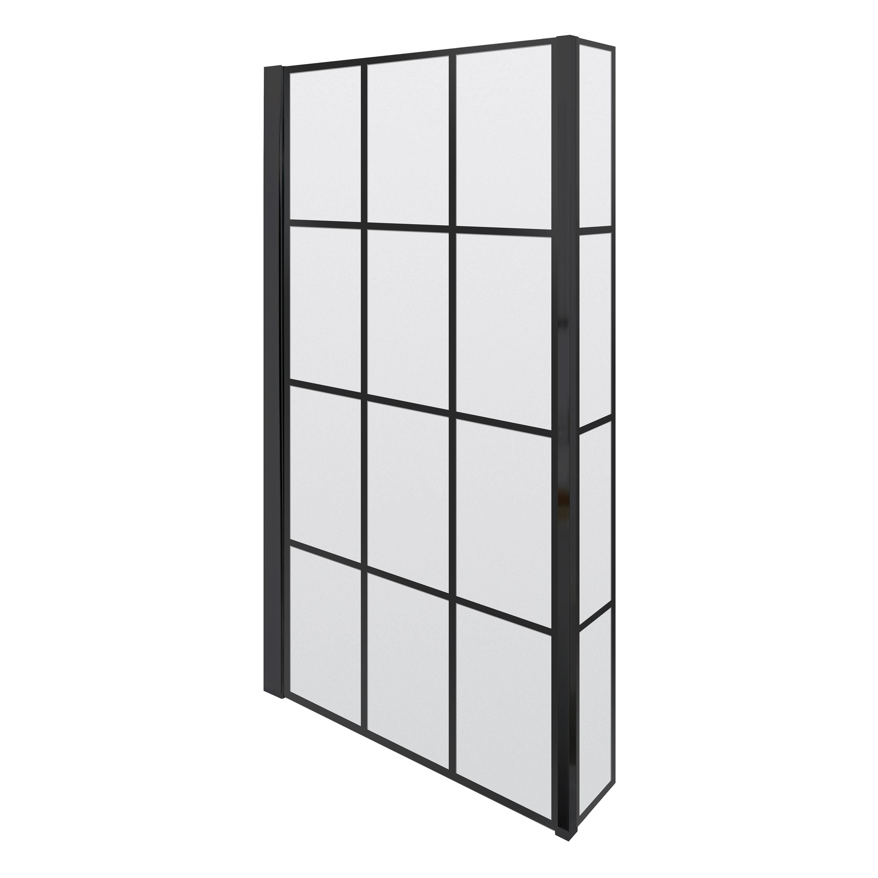 The Nuie Pacific Framed Shower Bath Screen With Fixed Return (1430mm x 808mm) in matt black features a tall, rectangular design with a grid of white frosted glass panels, shown upright and slightly angled in the image.