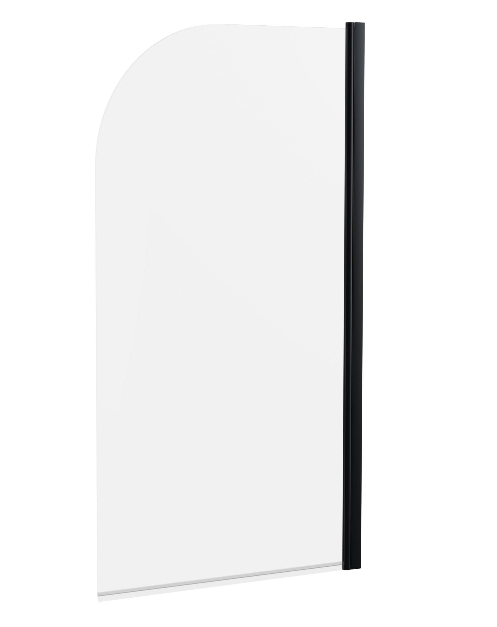 The Nuie Pacific Round Top Hinged Shower Bath Screen (1430mm x 785mm) in matt black features a clear glass panel, black right-side frame, and gently rounded top corner—bringing modern style to your bathroom.