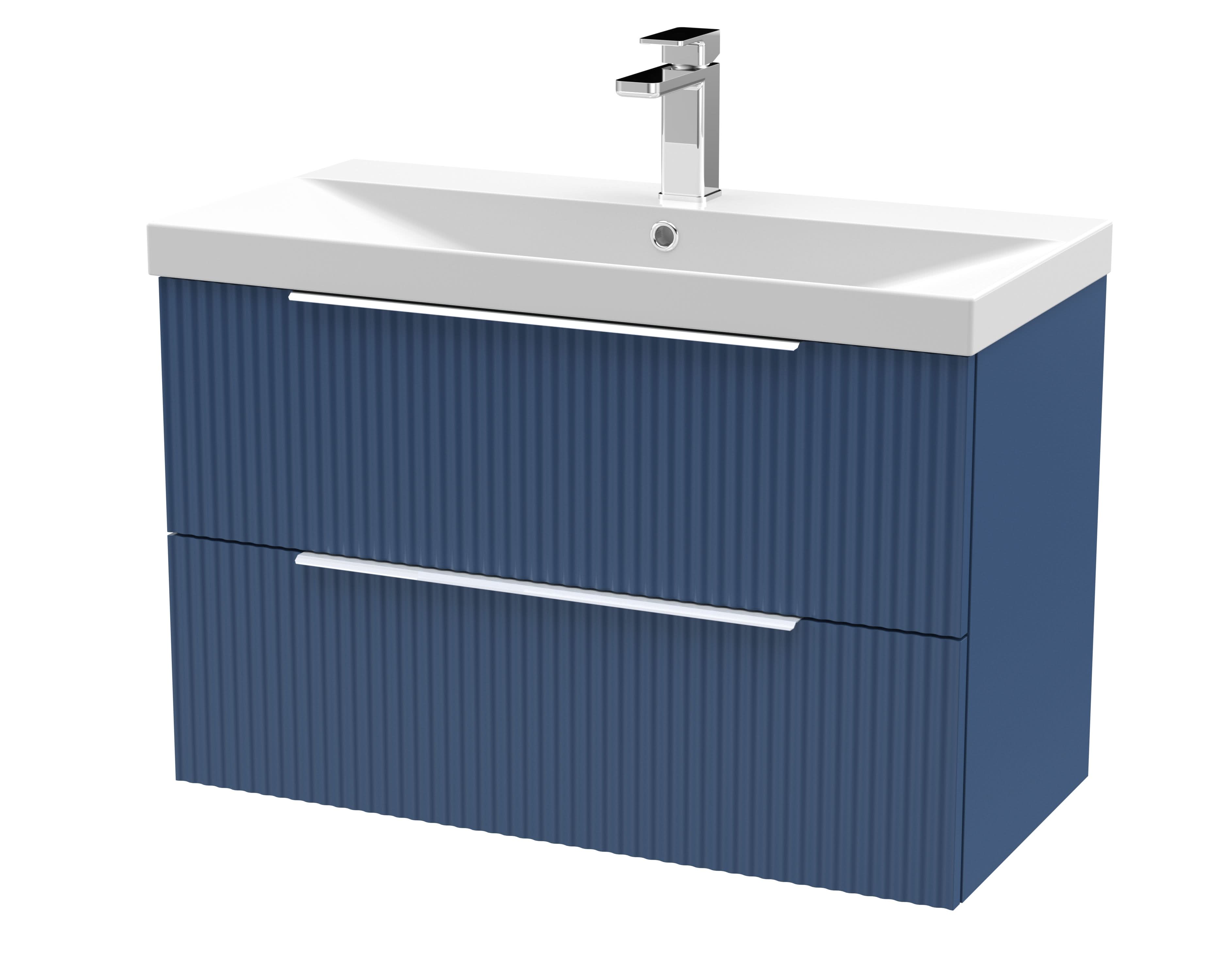 Hudson Reed Fluted Wall Hung 2-Drawer Vanity and Thin-Edge Basin, Contemporary Sink Vanity Unit, Satin Blue, 800mm