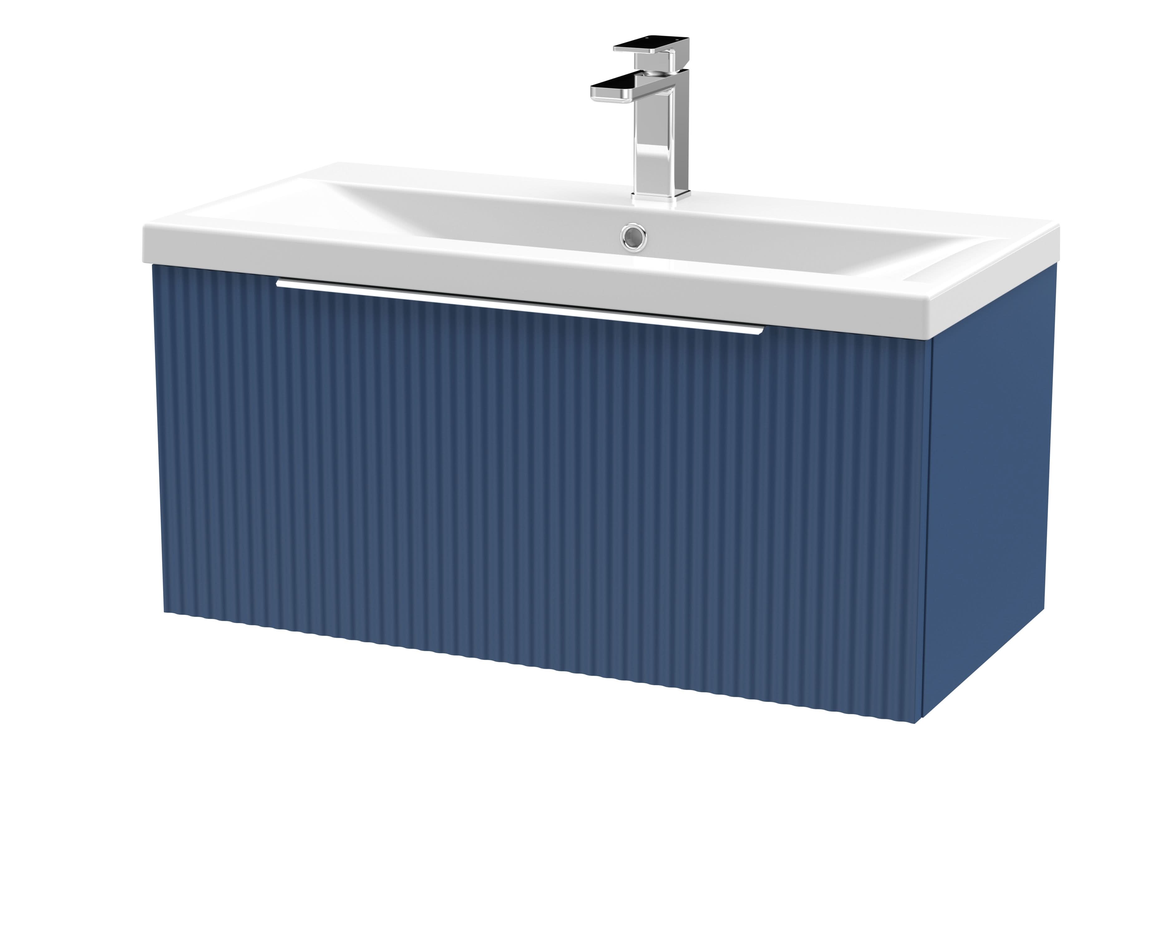 Hudson Reed Fluted Wall Hung 1-Drawer Vanity and Mid-Edge Basin, Contemporary Sink Vanity Unit, Satin Blue, 800mm