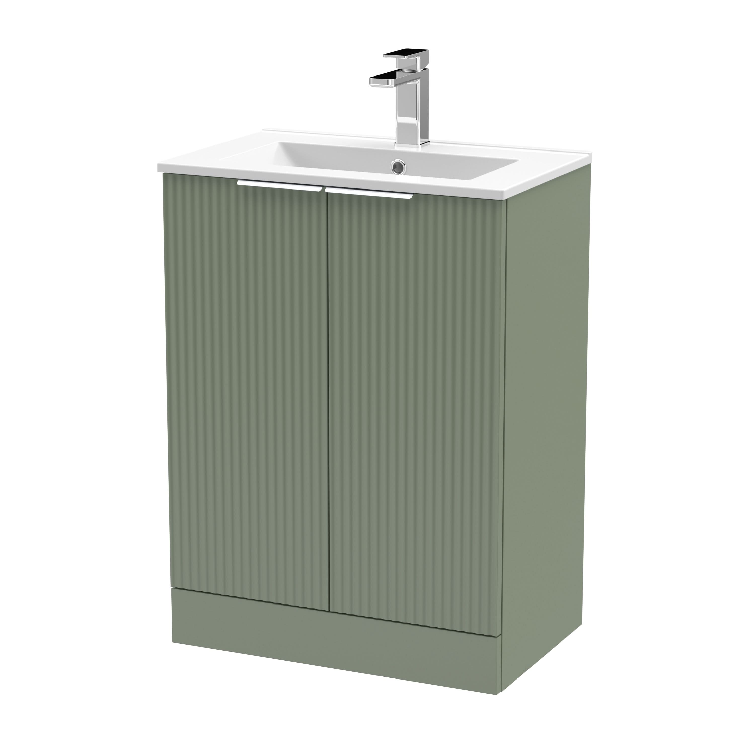 Hudson Reed Fluted Floor Standing 2-Door Vanity and Minimalist Basin, Contemporary Sink Vanity Unit, Satin Green, 600mm