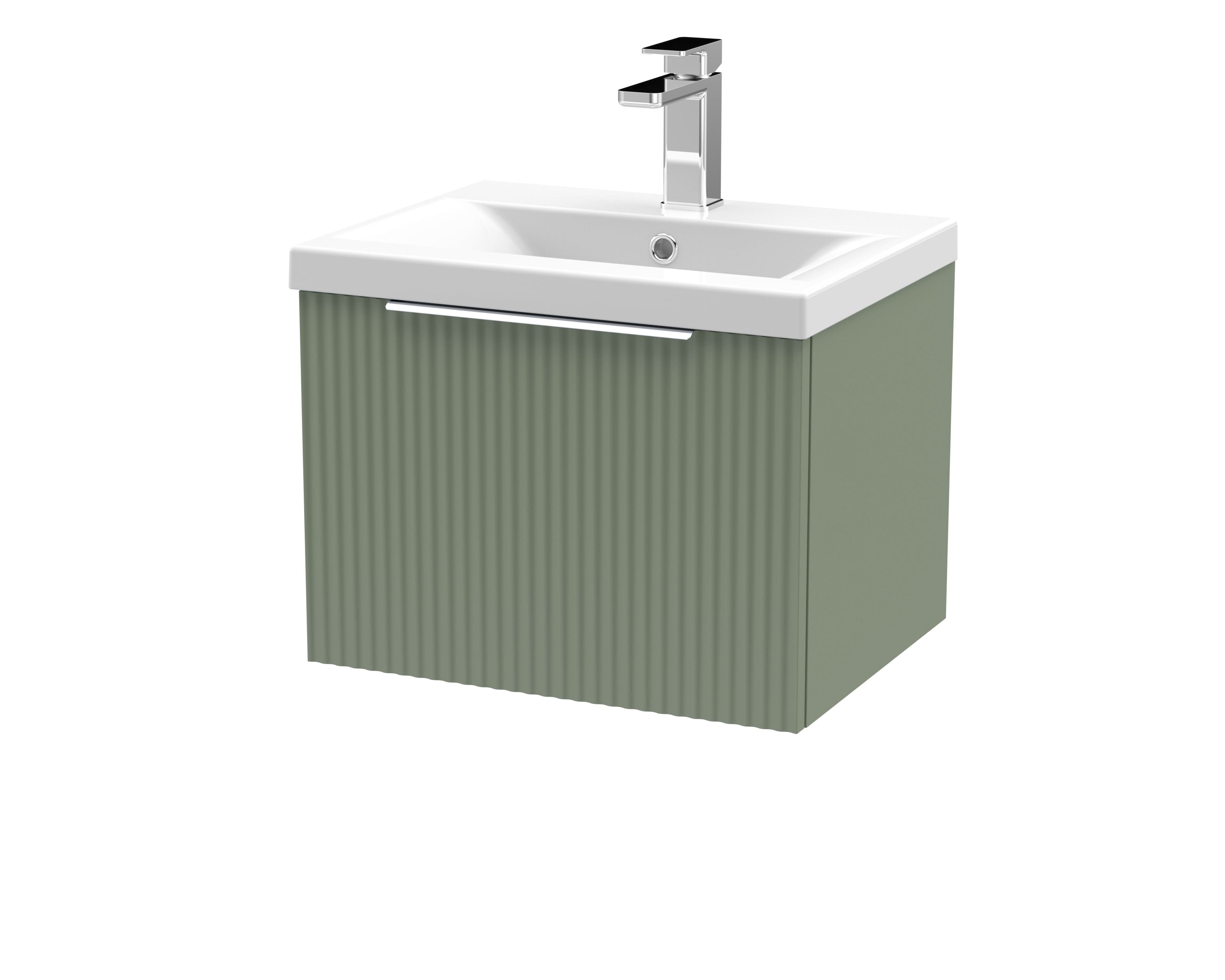 Hudson Reed Fluted Wall Hung 1-Drawer Vanity and Mid-Edge Basin, Contemporary Sink Vanity Unit, Satin Green, 500mm