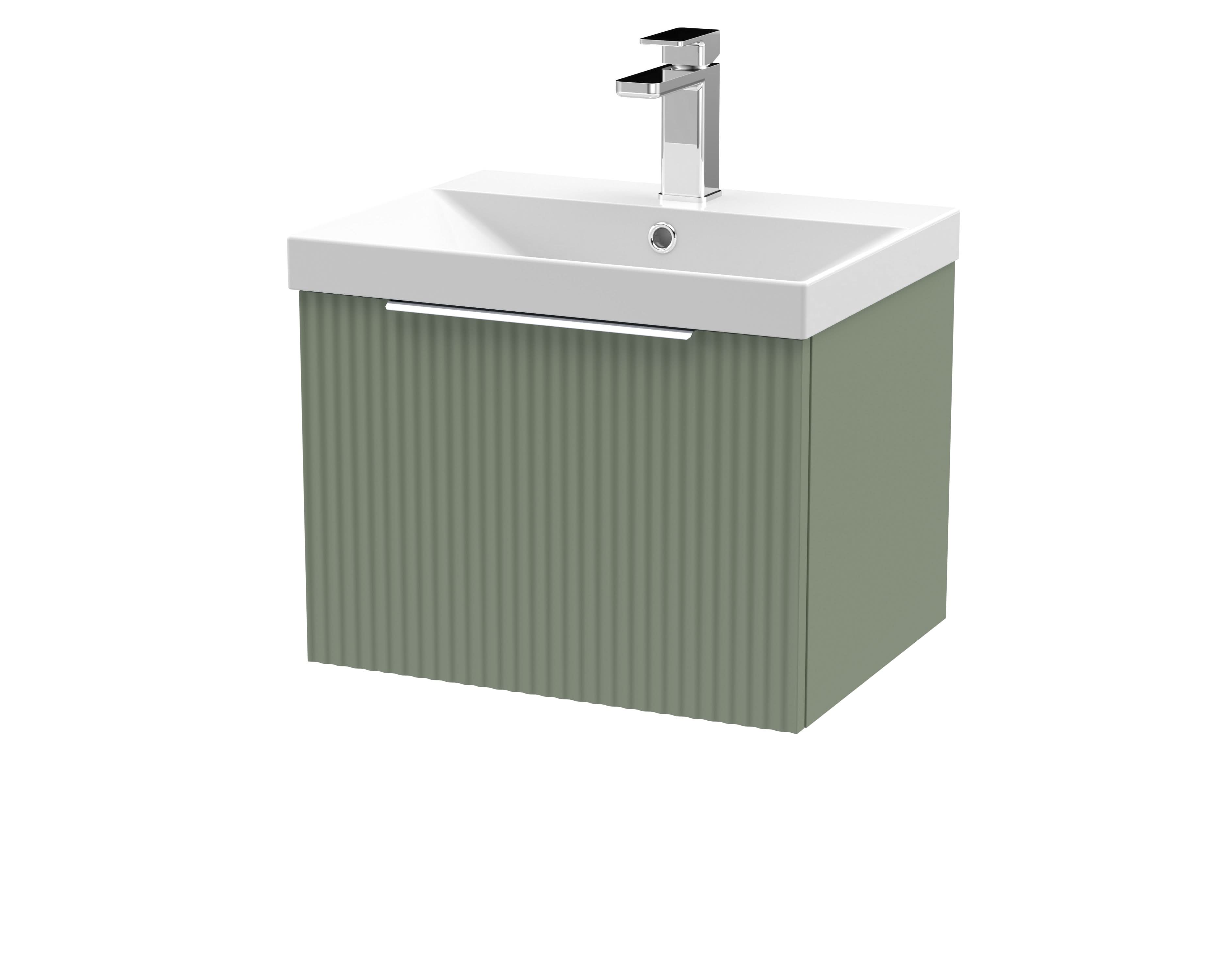 Hudson Reed Fluted Wall Hung 1-Drawer Vanity and Thin-Edge Basin, Contemporary Sink Vanity Unit, Satin Green, 500mm