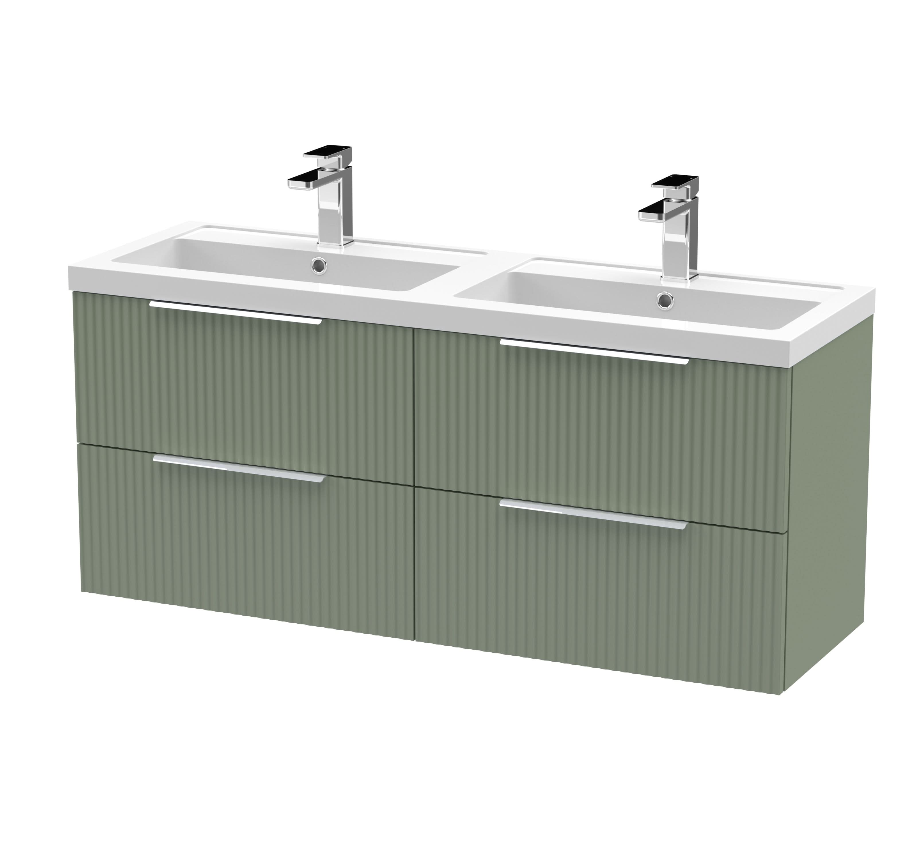 Hudson Reed Fluted Wall Hung 4-Drawer Vanity and Double Polymarble Basin, Contemporary Sink Vanity Unit, Satin Green, 1200mm