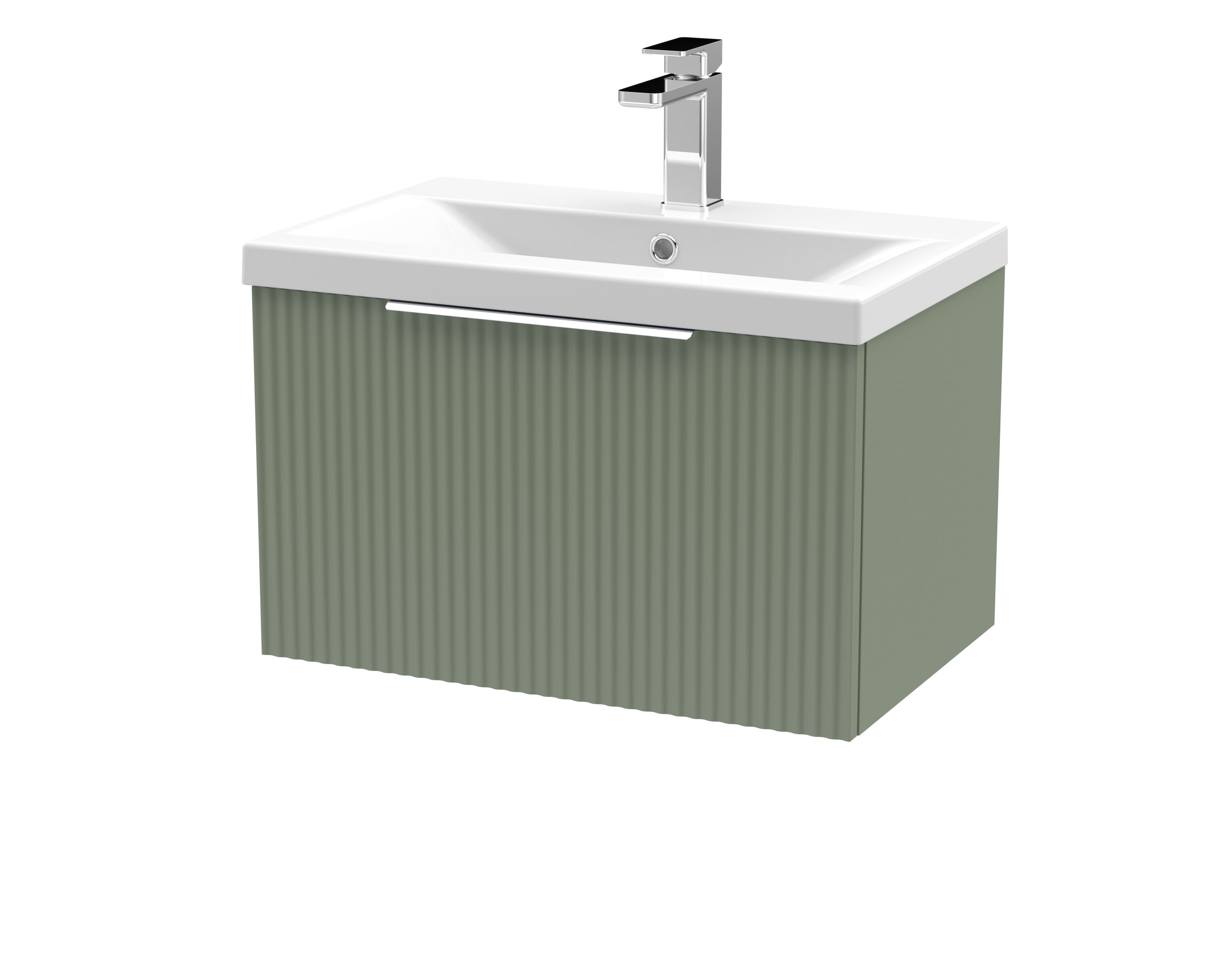 Hudson Reed Fluted Wall Hung 1-Drawer Vanity and Mid-Edge Basin, Contemporary Sink Vanity Unit, Satin Green, 600mm