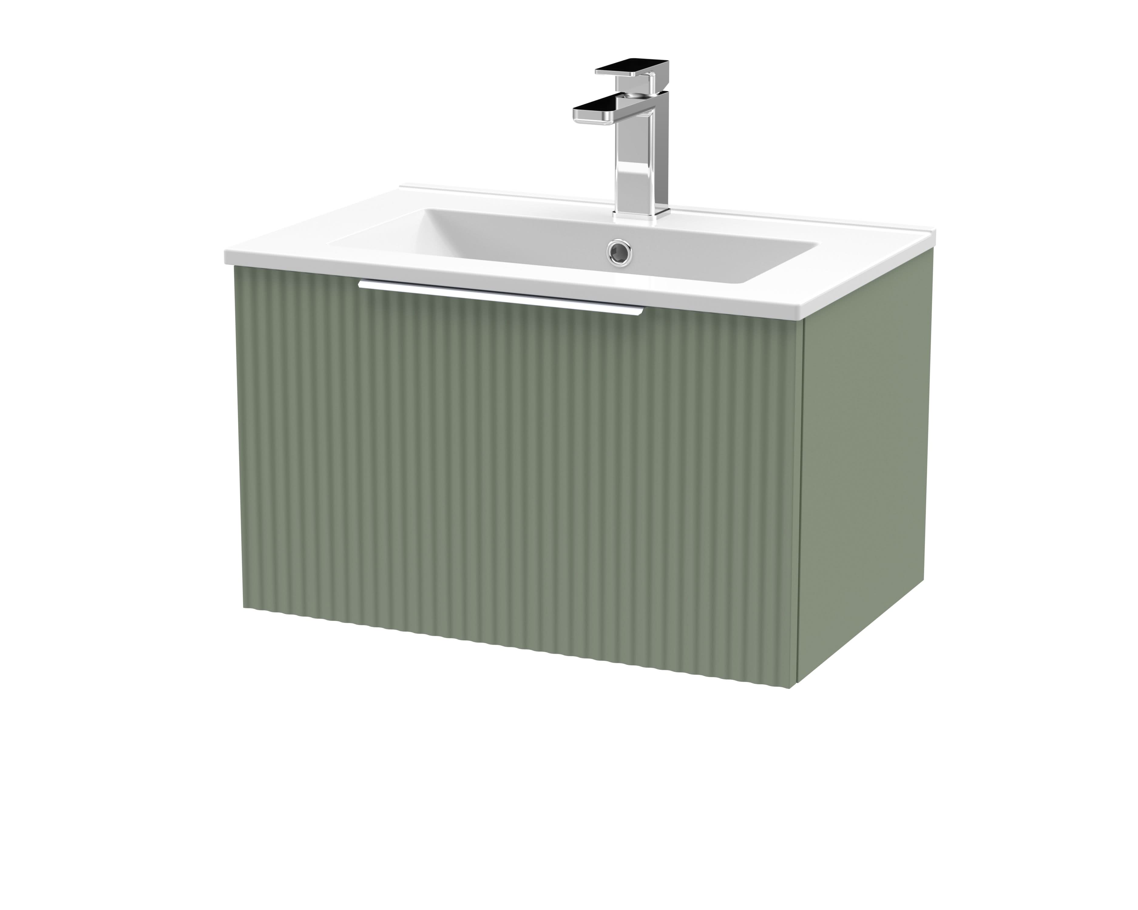 Hudson Reed Fluted Wall Hung 1-Drawer Vanity and Minimalist Basin, Contemporary Sink Vanity Unit, Satin Green, 600mm