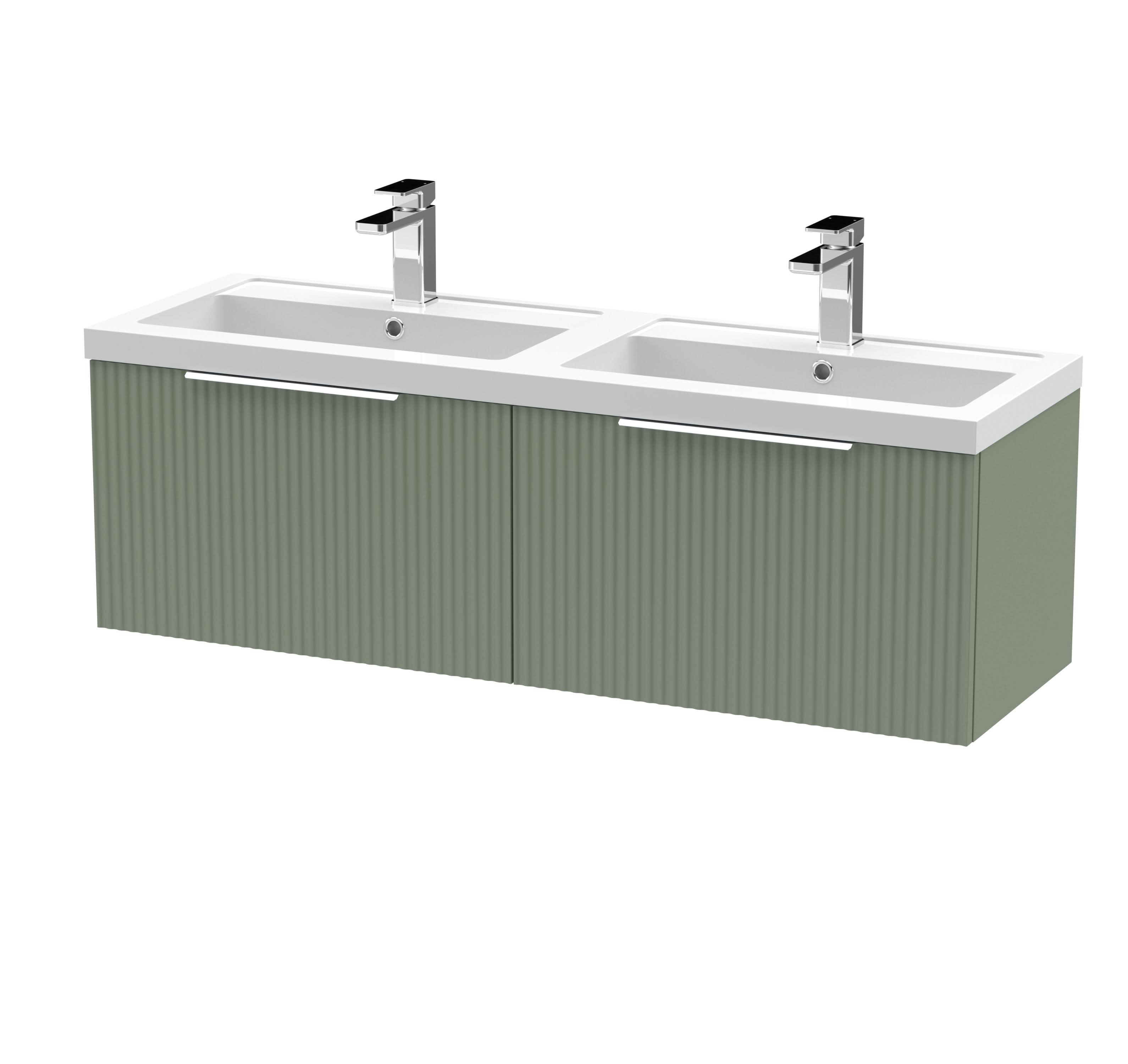 Hudson Reed Fluted Wall Hung 2-Drawer Vanity and Double Polymarble Basin, Contemporary Sink Vanity Unit, Satin Green, 1200mm