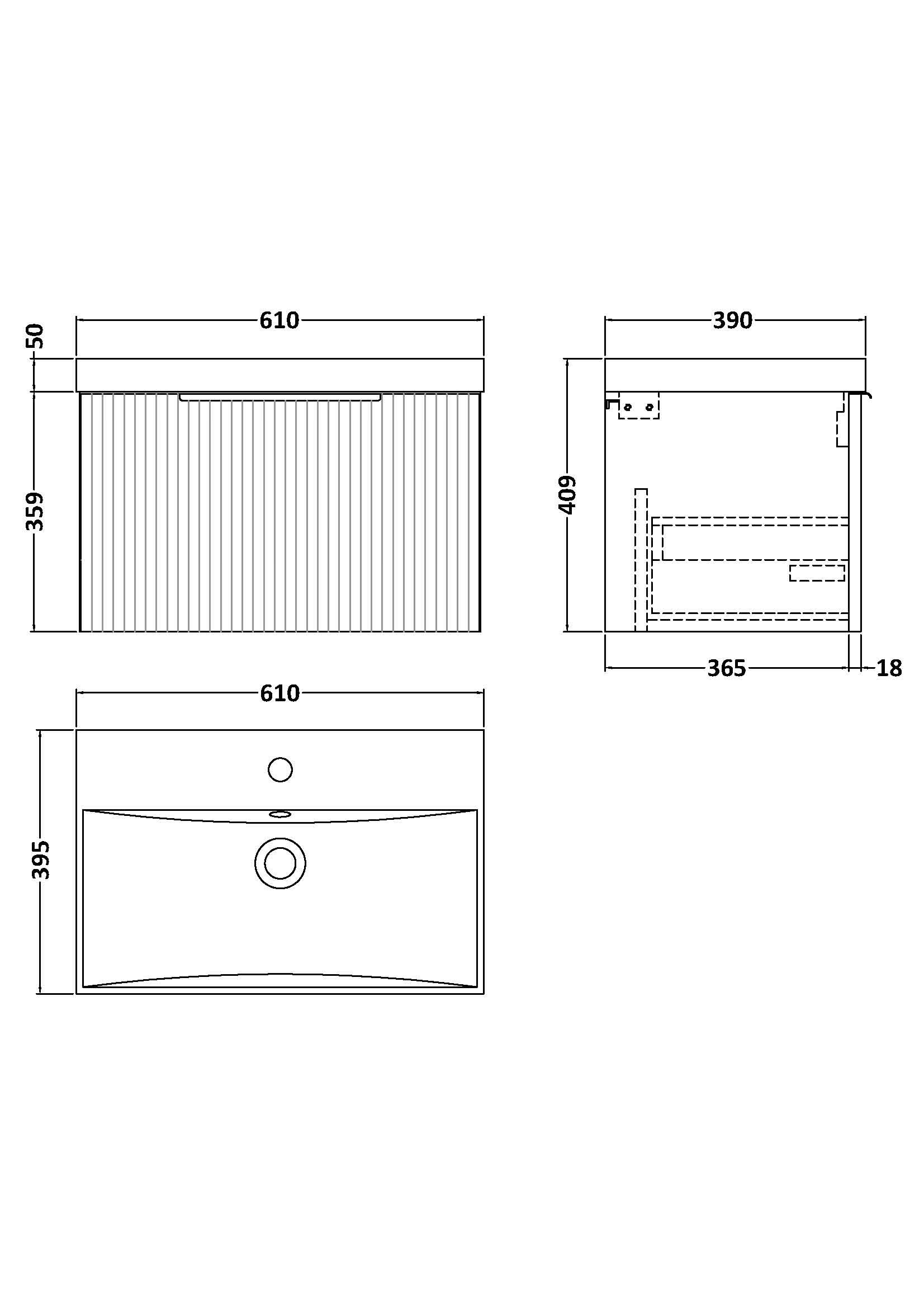 Hudson Reed Fluted Wall Hung 1-Drawer Vanity and Thin-Edge Basin, Contemporary Sink Vanity Unit, Satin Green, 600mm