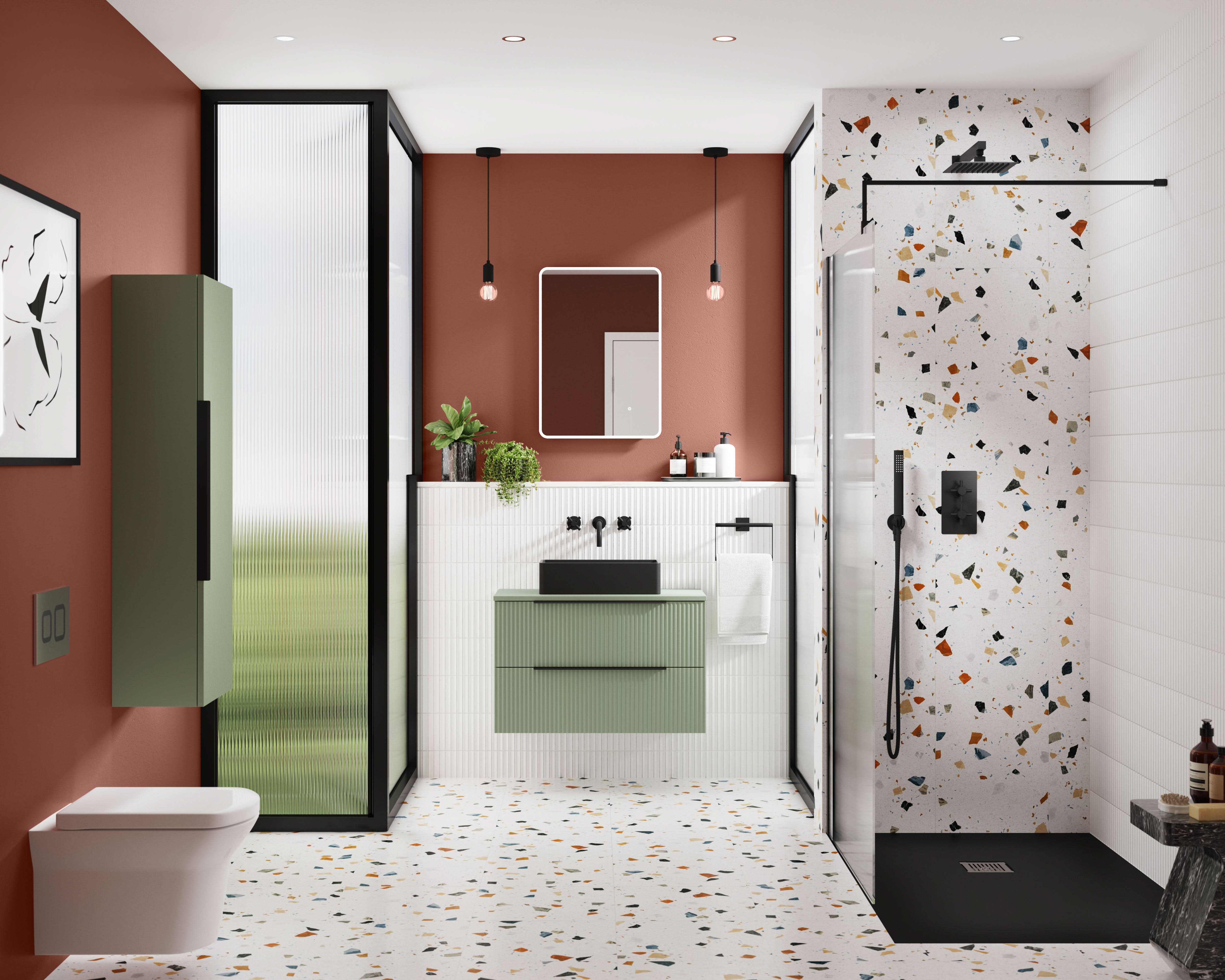 Hudson Reed Fluted Wall Hung 2-Drawer Vanity Unit & Green Worktop, Counter Top Vanity Unit in Satin Green, 800mm