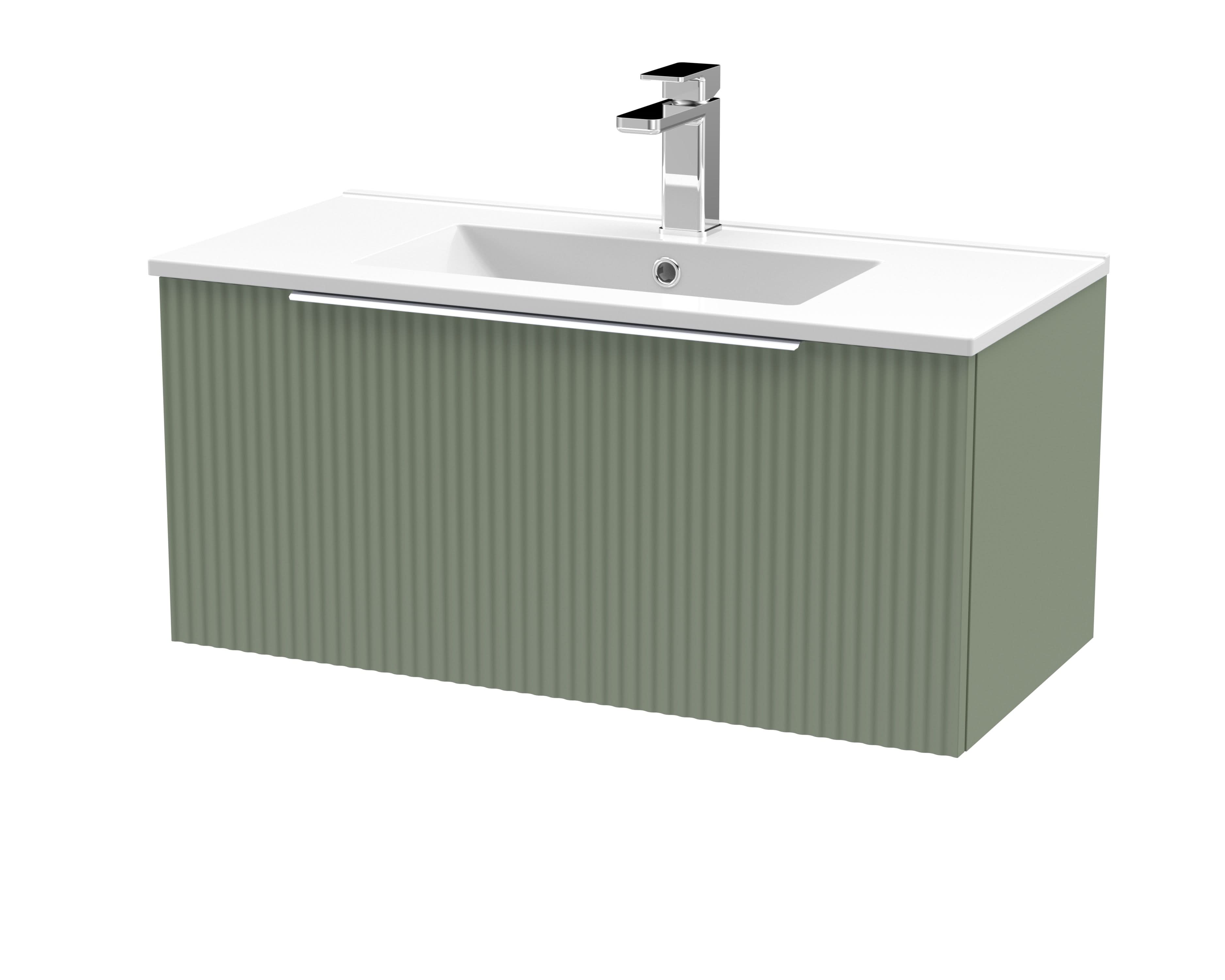Hudson Reed Fluted Wall Hung 1-Drawer Vanity and Minimalist Basin, Contemporary Sink Vanity Unit, Satin Green, 800mm