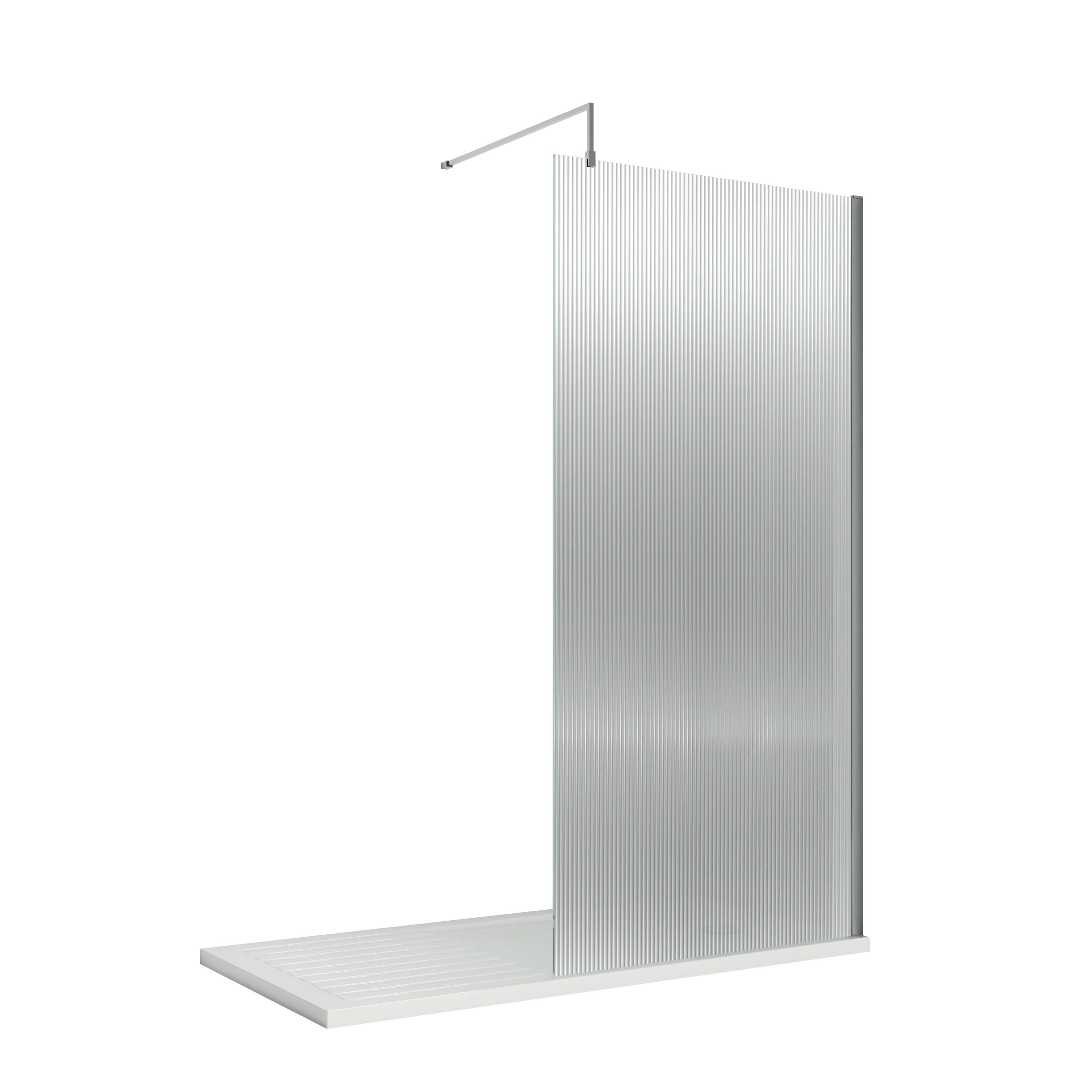 Nuie Fluted Wetroom Screen with Support Bar, Durable Toughened Safety Glass Wet Room Glass Panel in Polished Chrome, 800mm