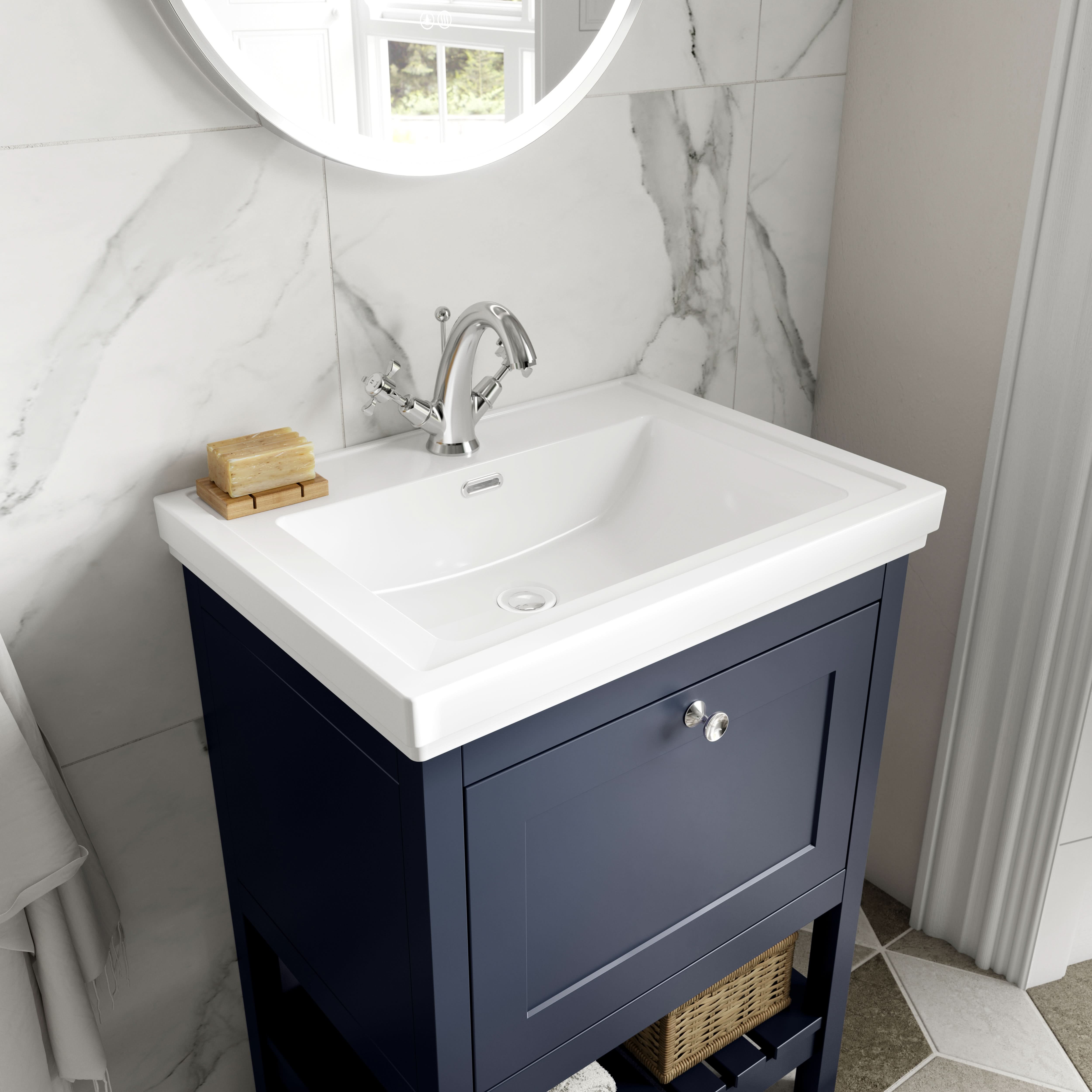 Old London Bexley Floor Standing 1 Drawer Vanity & 1 Tap Hole Fireclay Basin, Stylish Vanity Unit with Basin, Indigo Blue, 800mm
