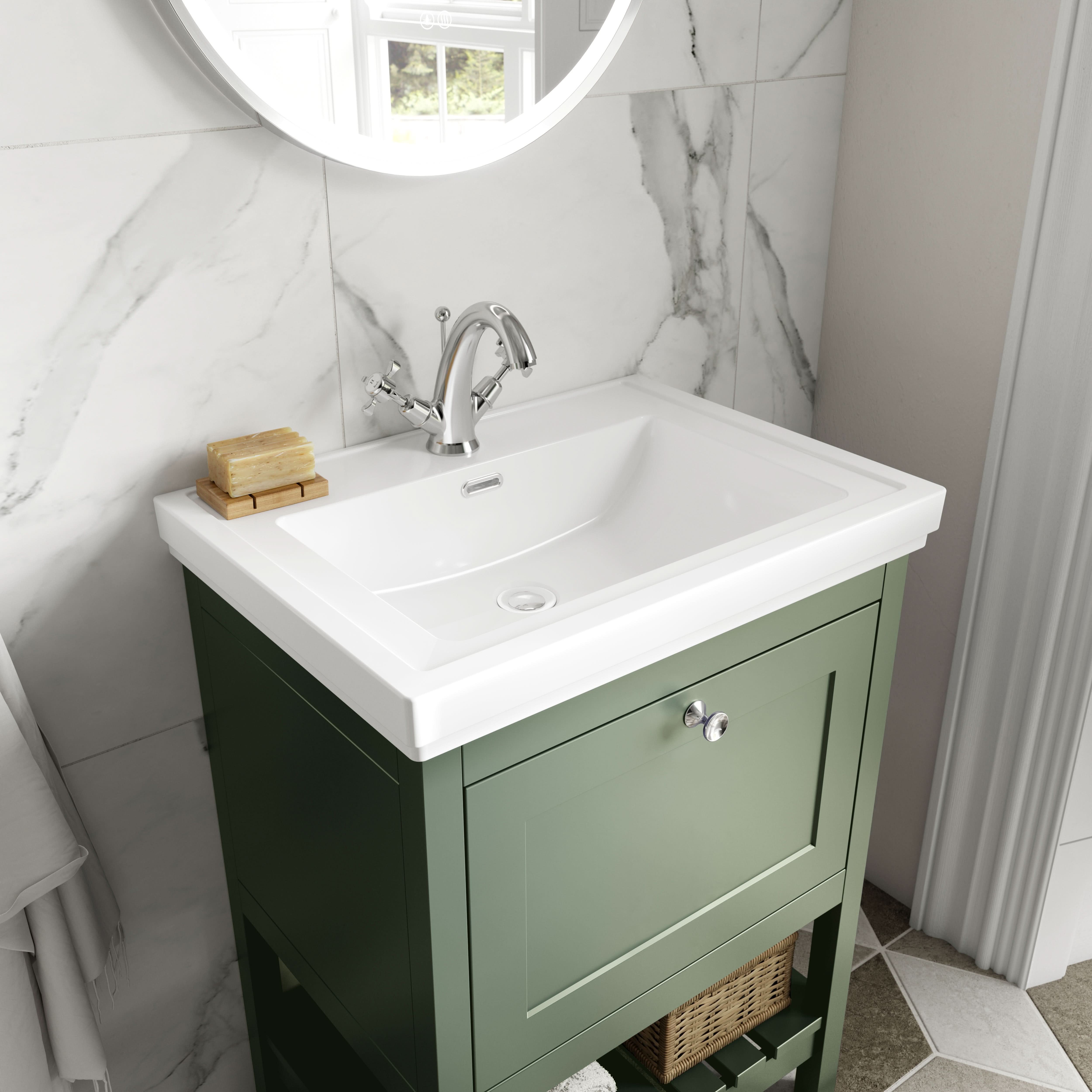 Old London Bexley Floor Standing 1 Drawer Vanity & 1 Tap Hole Fireclay Basin, Stylish Vanity Unit with Basin, Fern Green, 500mm