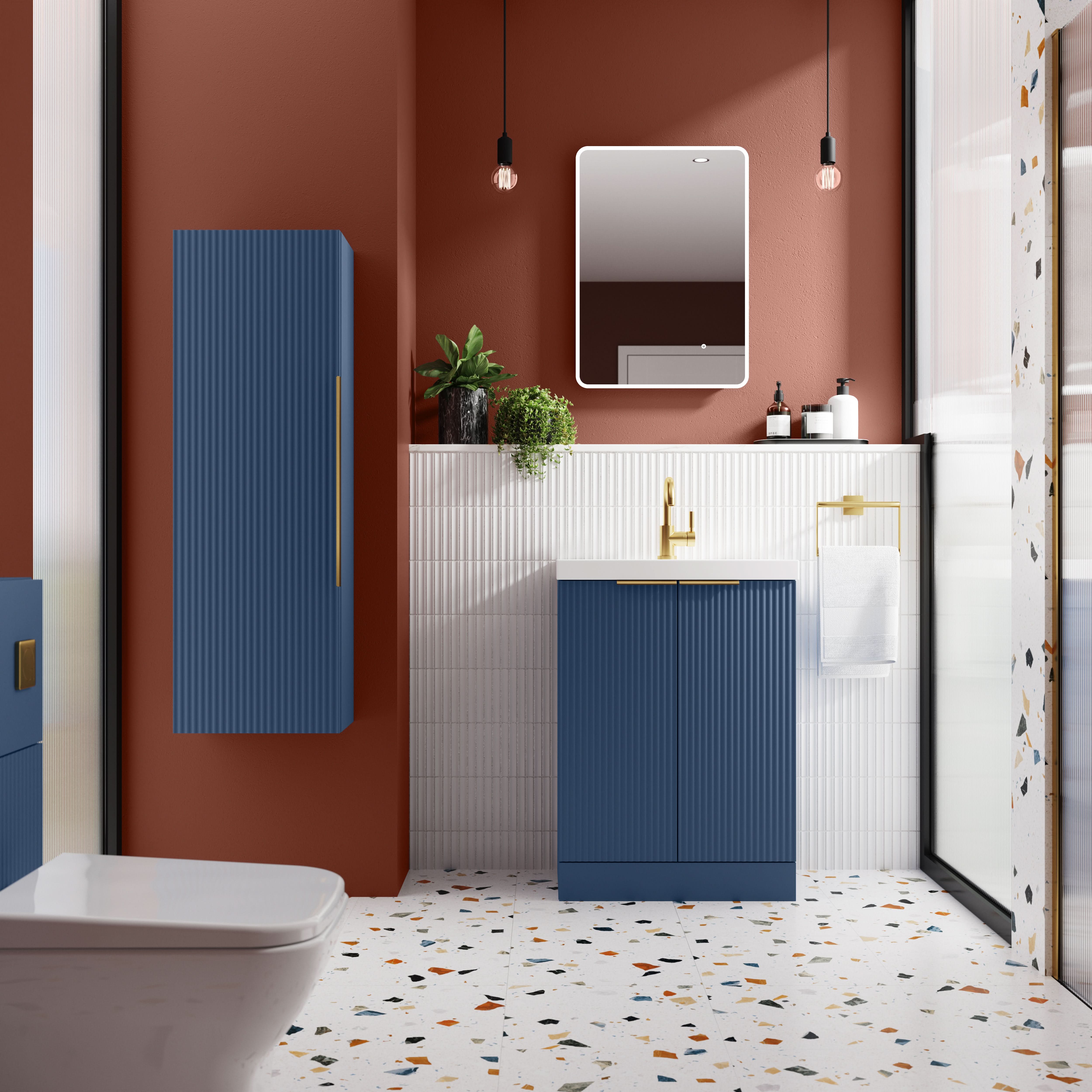 Hudson Reed Fluted Floor Standing 2-Door Vanity and Minimalist Basin, Contemporary Sink Vanity Unit, Satin Blue, 500mm