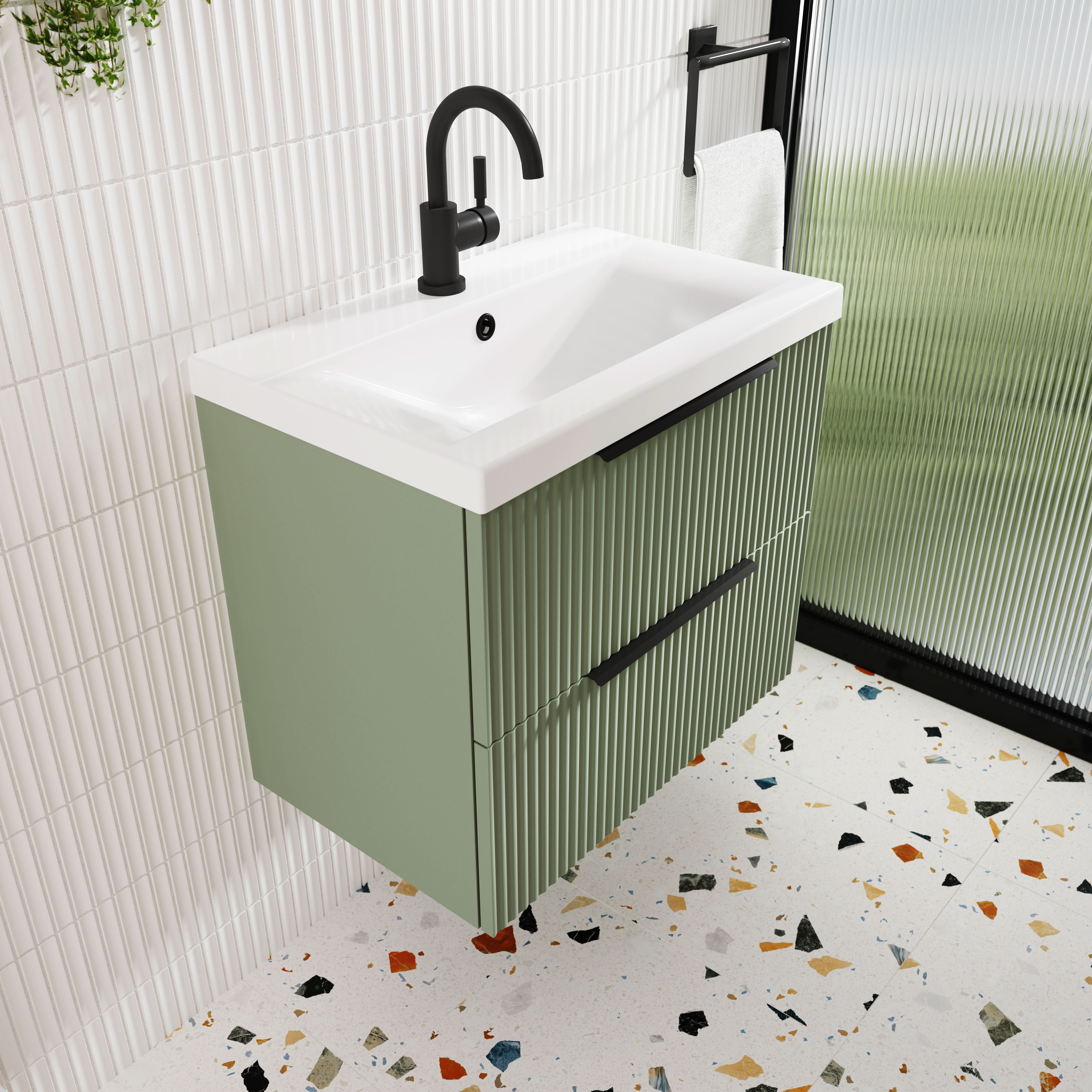 Hudson Reed Fluted Wall Hung 2-Drawer Vanity and Mid-Edge Basin, Contemporary Sink Vanity Unit, Satin Green, 600mm