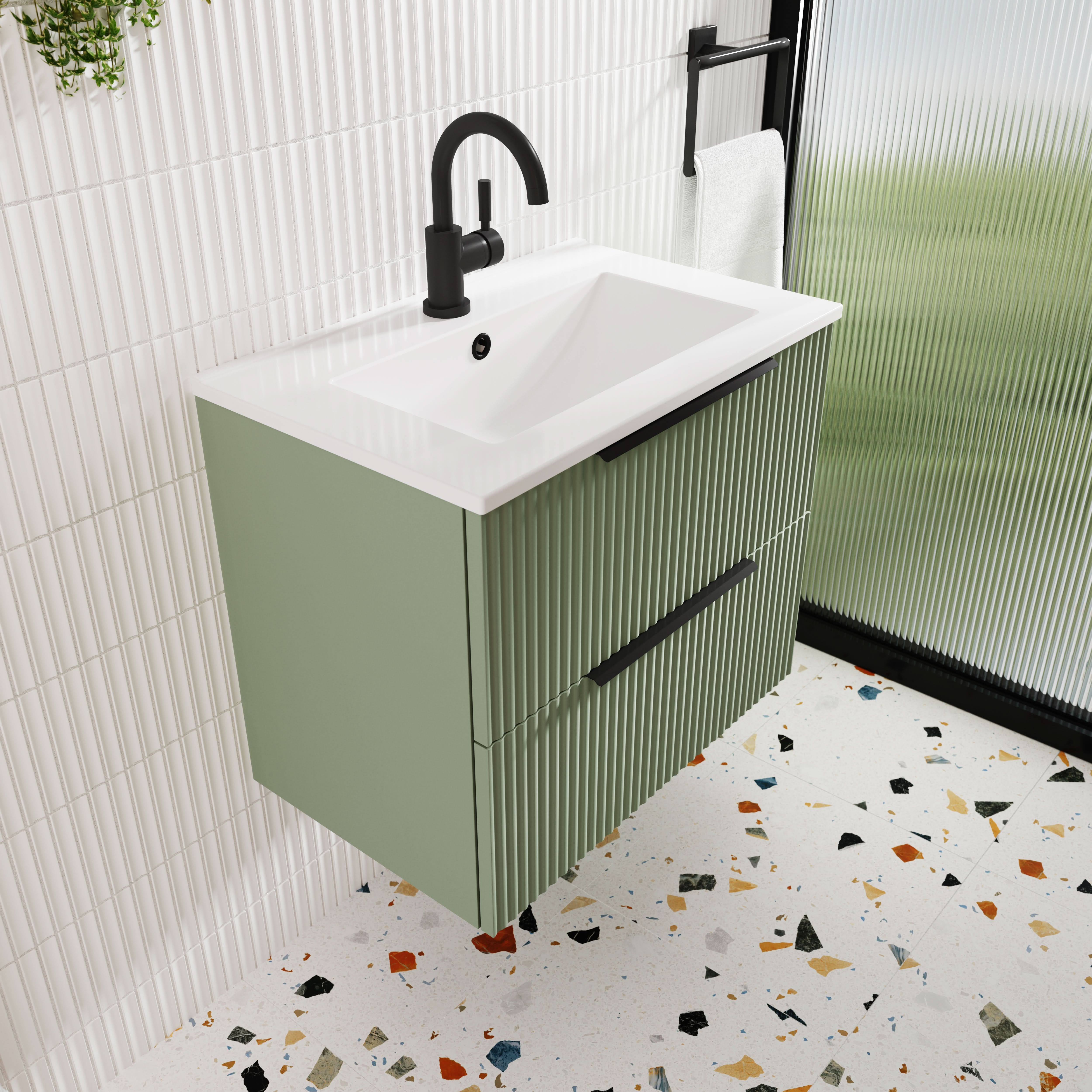 Hudson Reed Fluted Wall Hung 2-Drawer Vanity and Minimalist Basin, Contemporary Sink Vanity Unit, Satin Green, 800mm