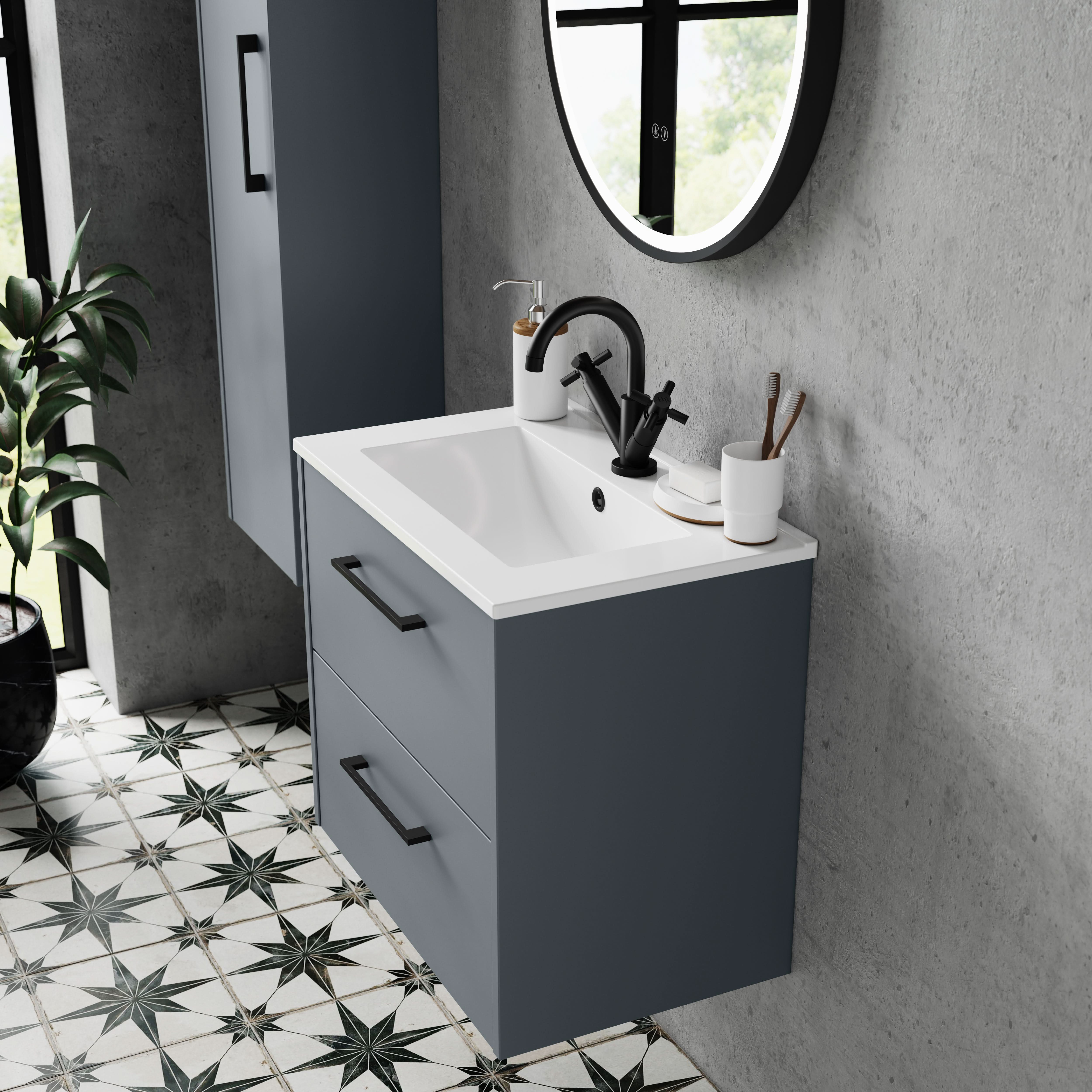 Hudson Reed Juno Wall Hung 2-Drawer Vanity and Minimalist 1 Tap Hole Basin, Timeless Sink Vanity Unit, Coastal Grey, 600mm