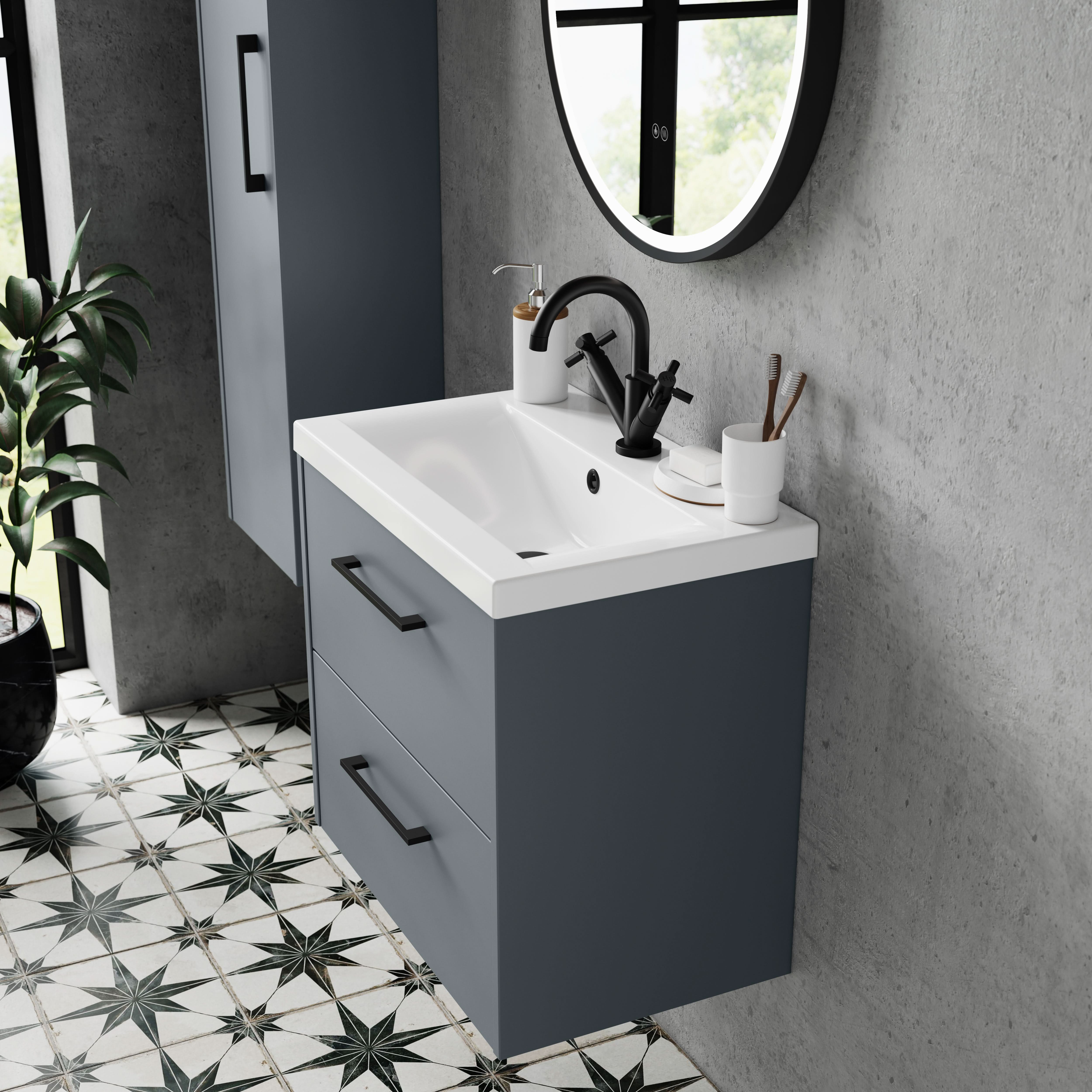 Hudson Reed Juno Wall Hung 2-Drawer Vanity and Mid-Edge 1 Tap Hole Basin, Timeless Sink Vanity Unit, Coastal Grey, 800mm