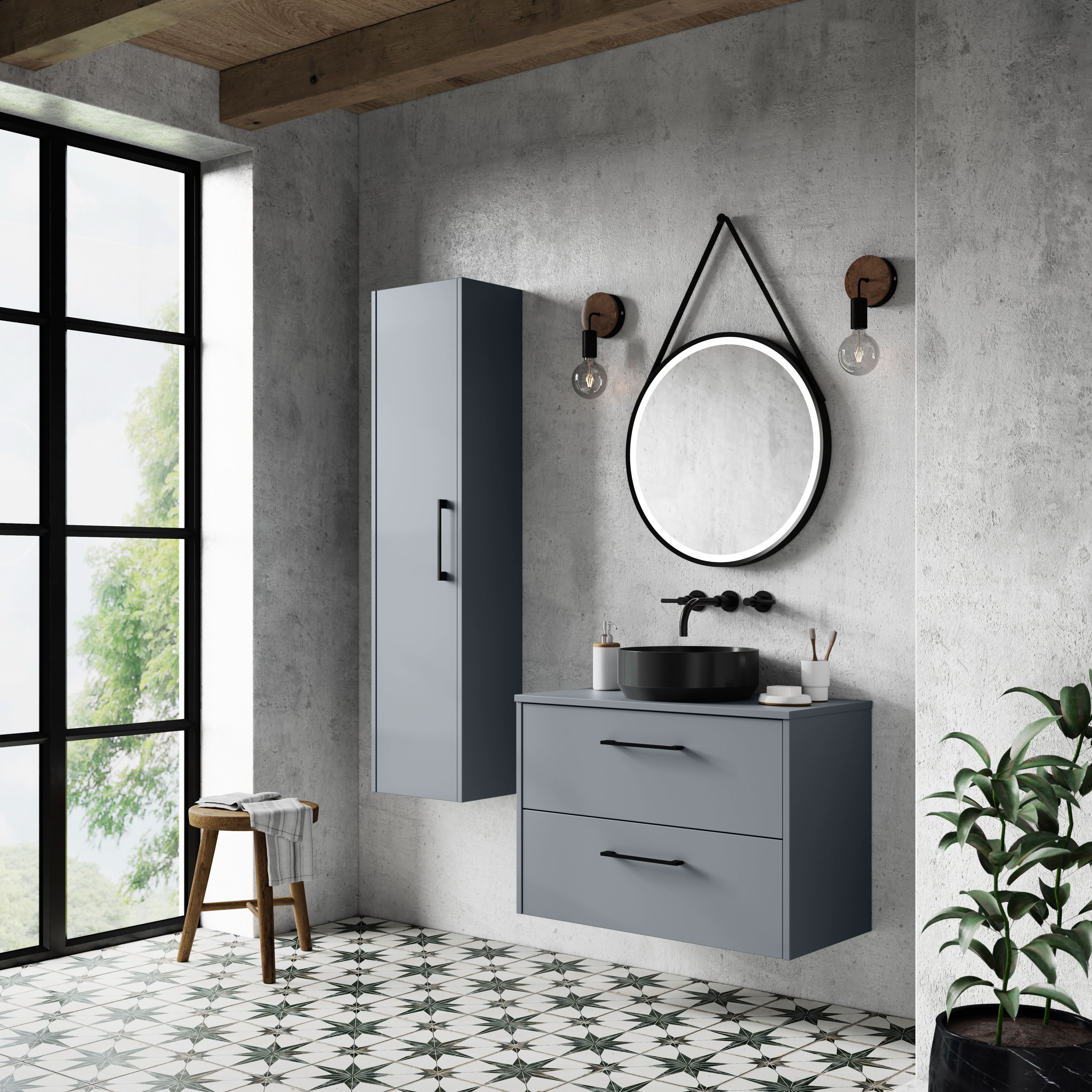 Hudson Reed Juno Wall Hung 2-Drawer Vanity Unit & Coastal Grey Worktop, Stylish Countertop Basin Unit in Coastal Grey, 800mm