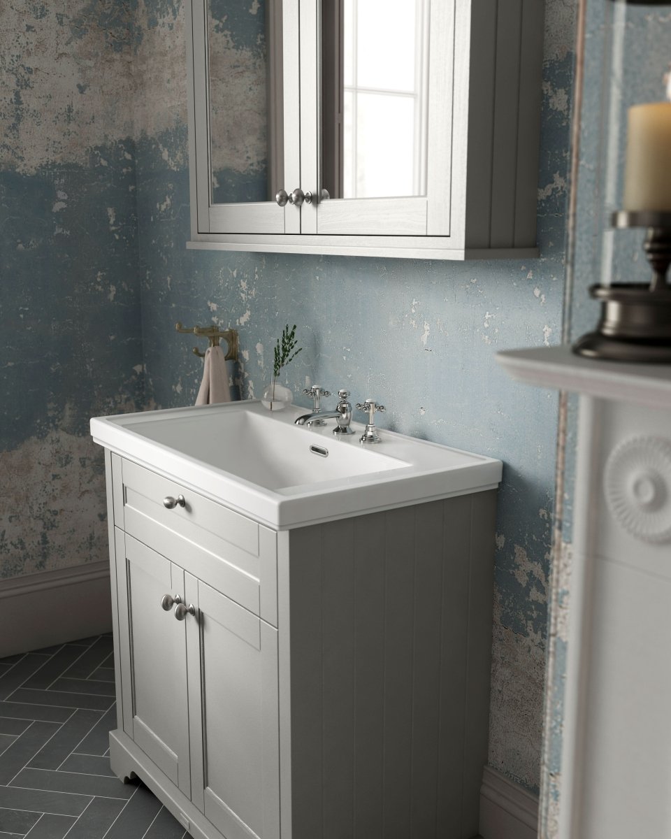 Old London Floor Standing Vanity Unit with 3 Tap Hole Fireclay Basin, Traditional Sink Vanity Unit for Bathroom, Soft Close Doors in Timeless Sand, 800mm