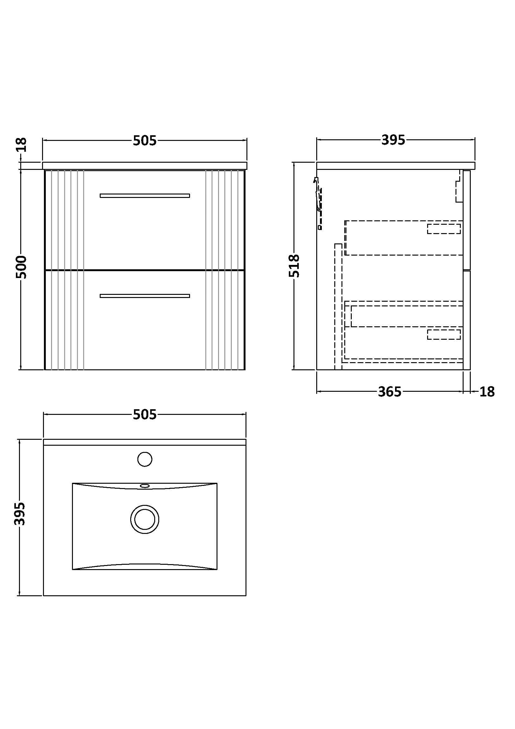 Nuie Deco 2 Drawer Wall Hung Vanity Unit With Basin-2 500mm Wide