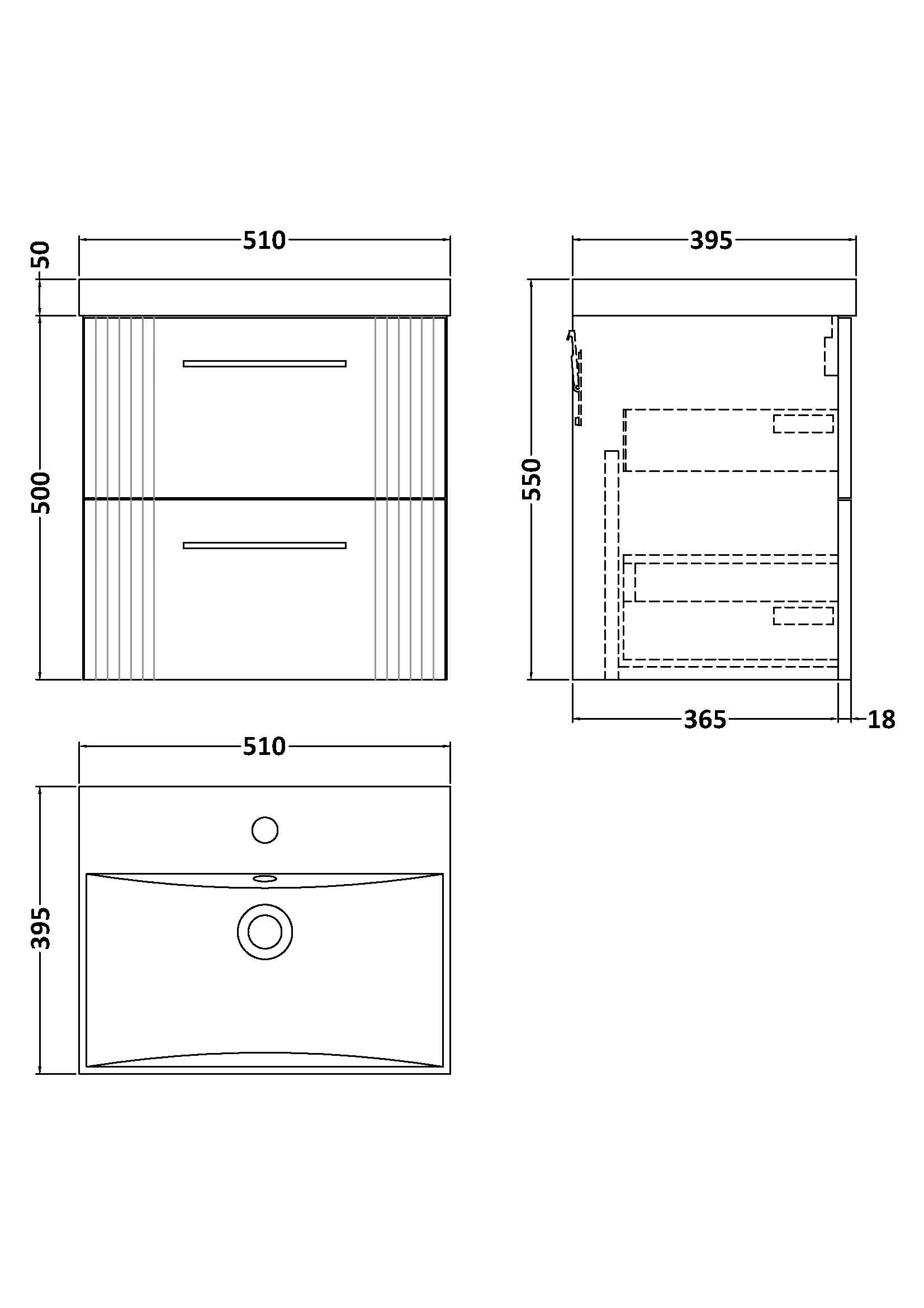 Nuie Deco 2 Drawer Wall Hung Vanity Unit With Basin-3 500mm Wide