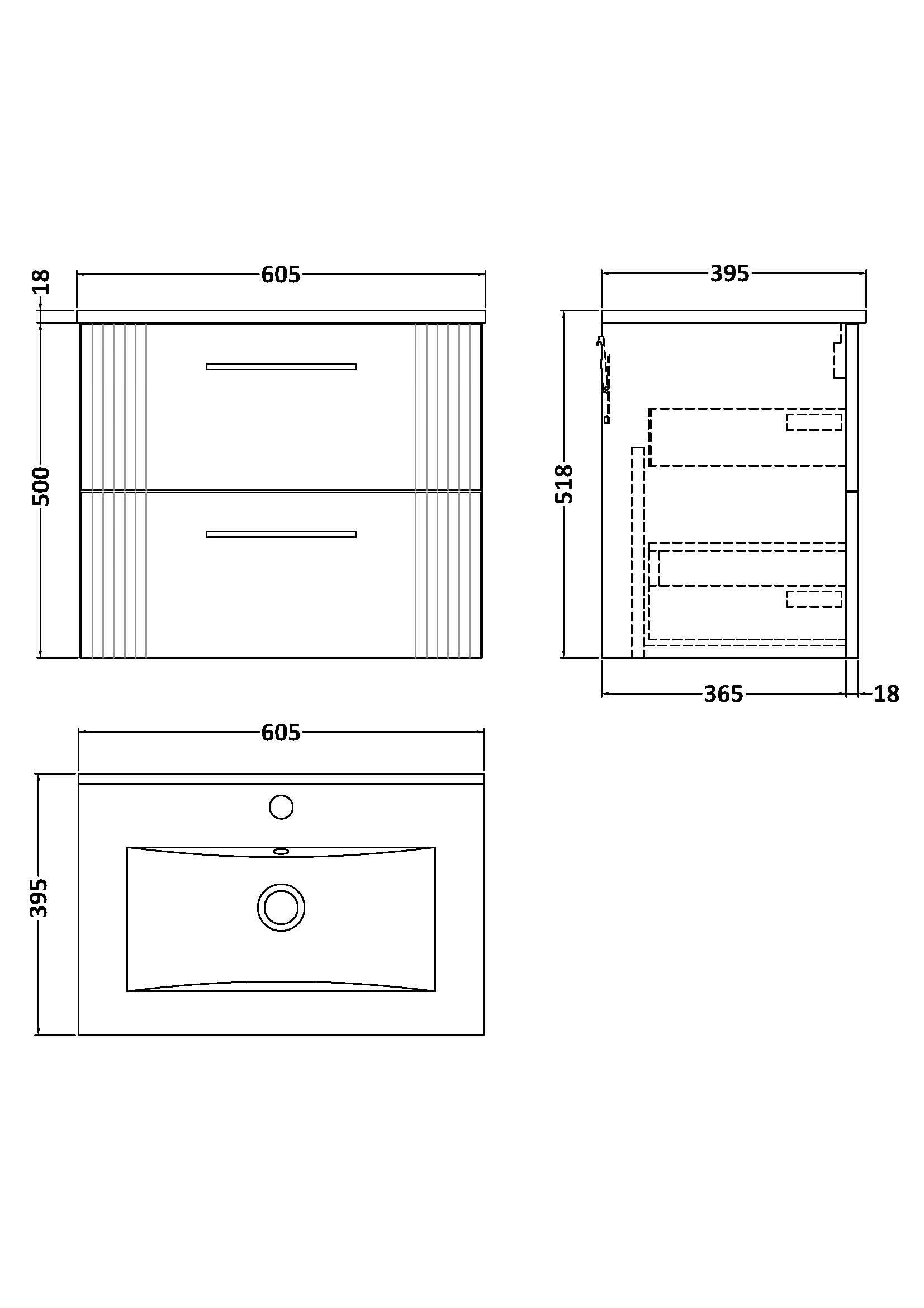 Nuie Deco 2 Drawer Wall Hung Vanity Unit With Basin-2 600mm Wide