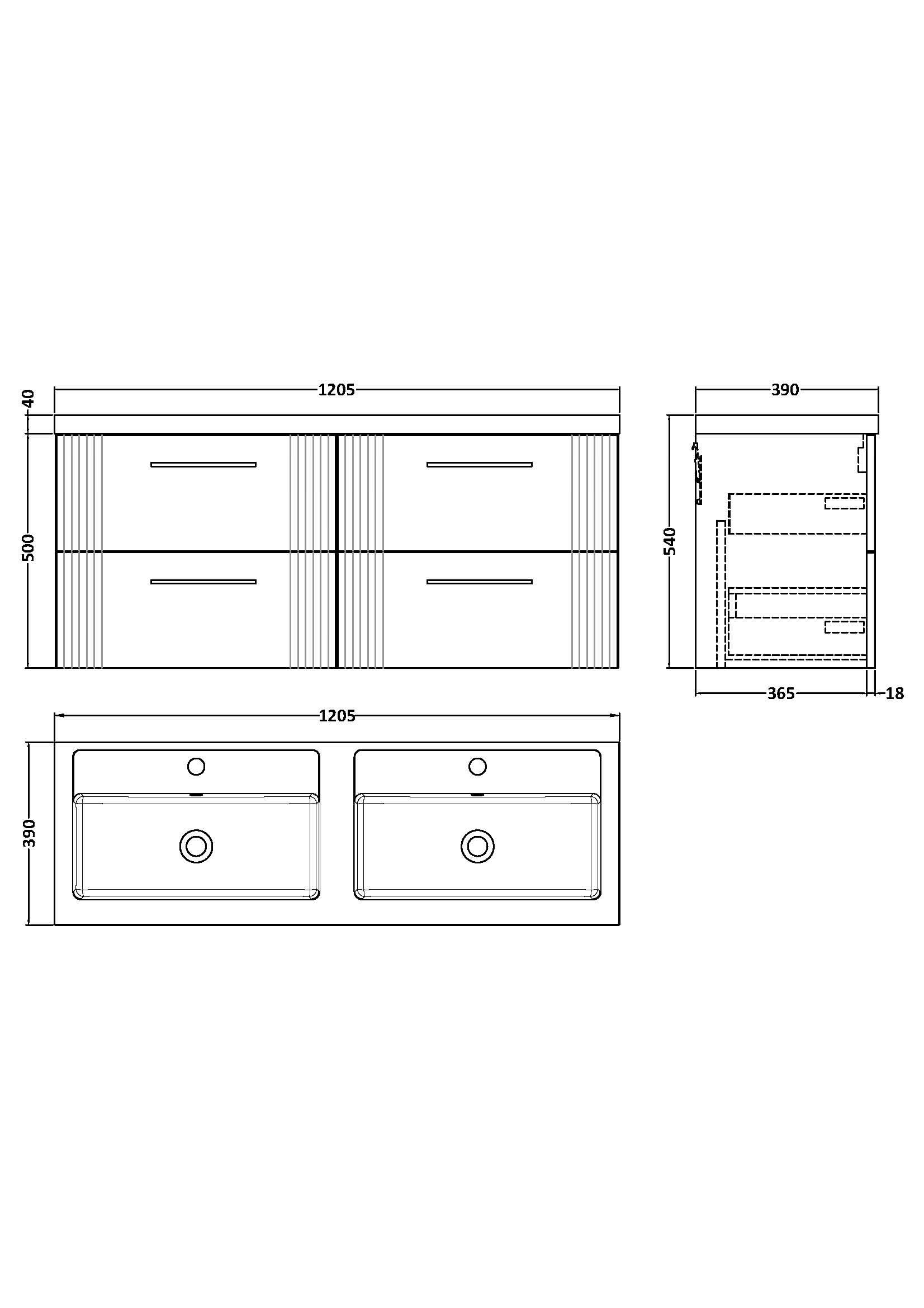 Nuie Deco 4 Drawer Wall Hung Vanity Unit With Double Polymarble Basin 1200mm Wide