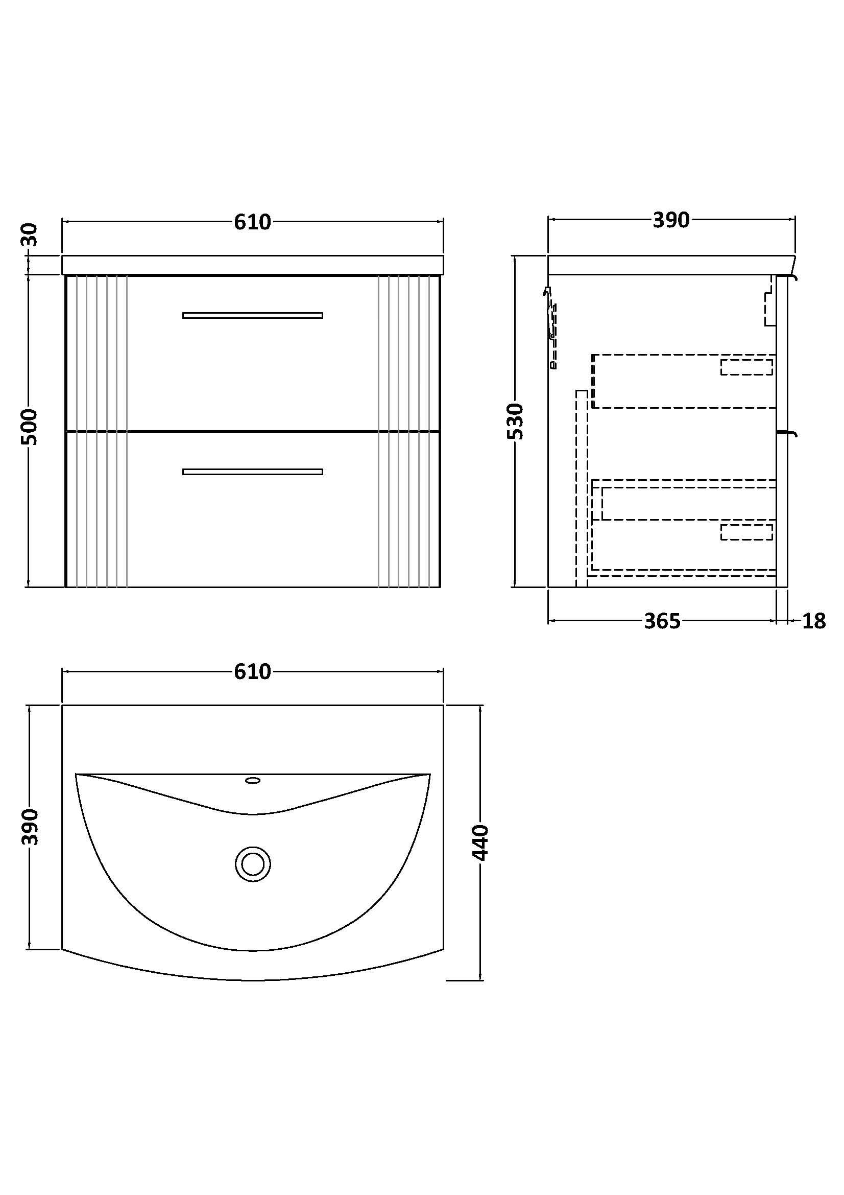 Nuie Deco 2 Drawer Wall Hung Vanity Unit With Basin-4 600mm Wide