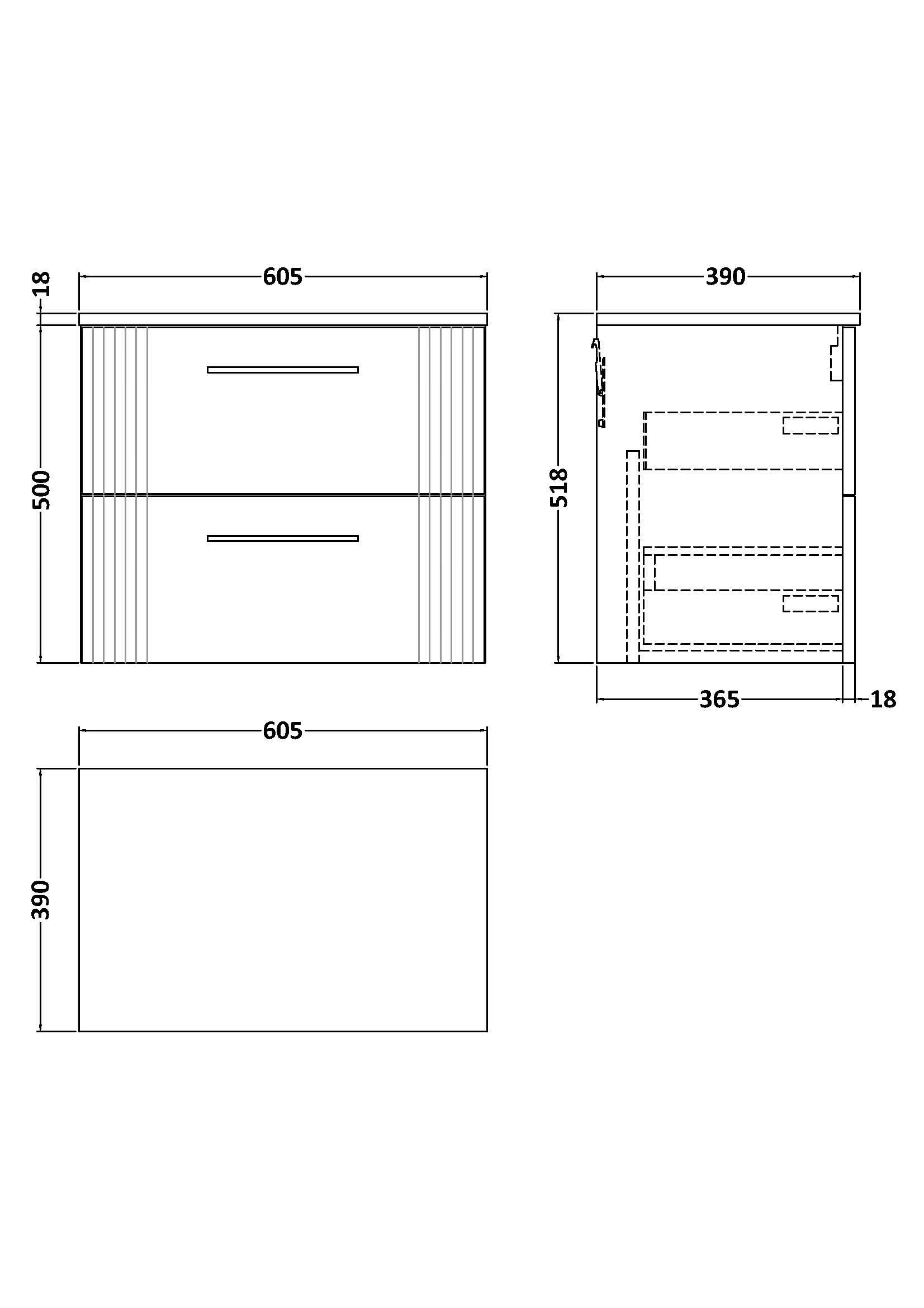 Nuie Deco 2 Drawer Wall Hung Vanity Unit With Worktop 600mm Wide