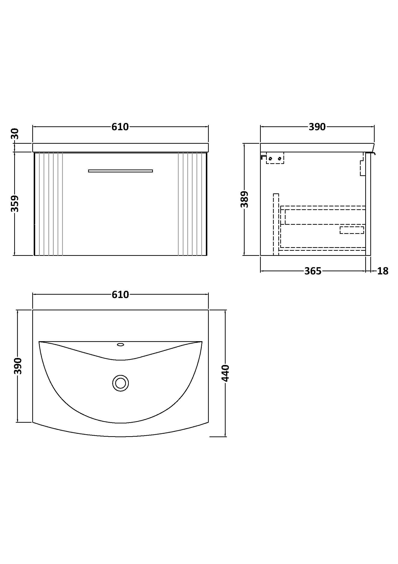 Nuie Deco 1 Drawer Wall Hung Vanity Unit With Basin-4 600mm Wide