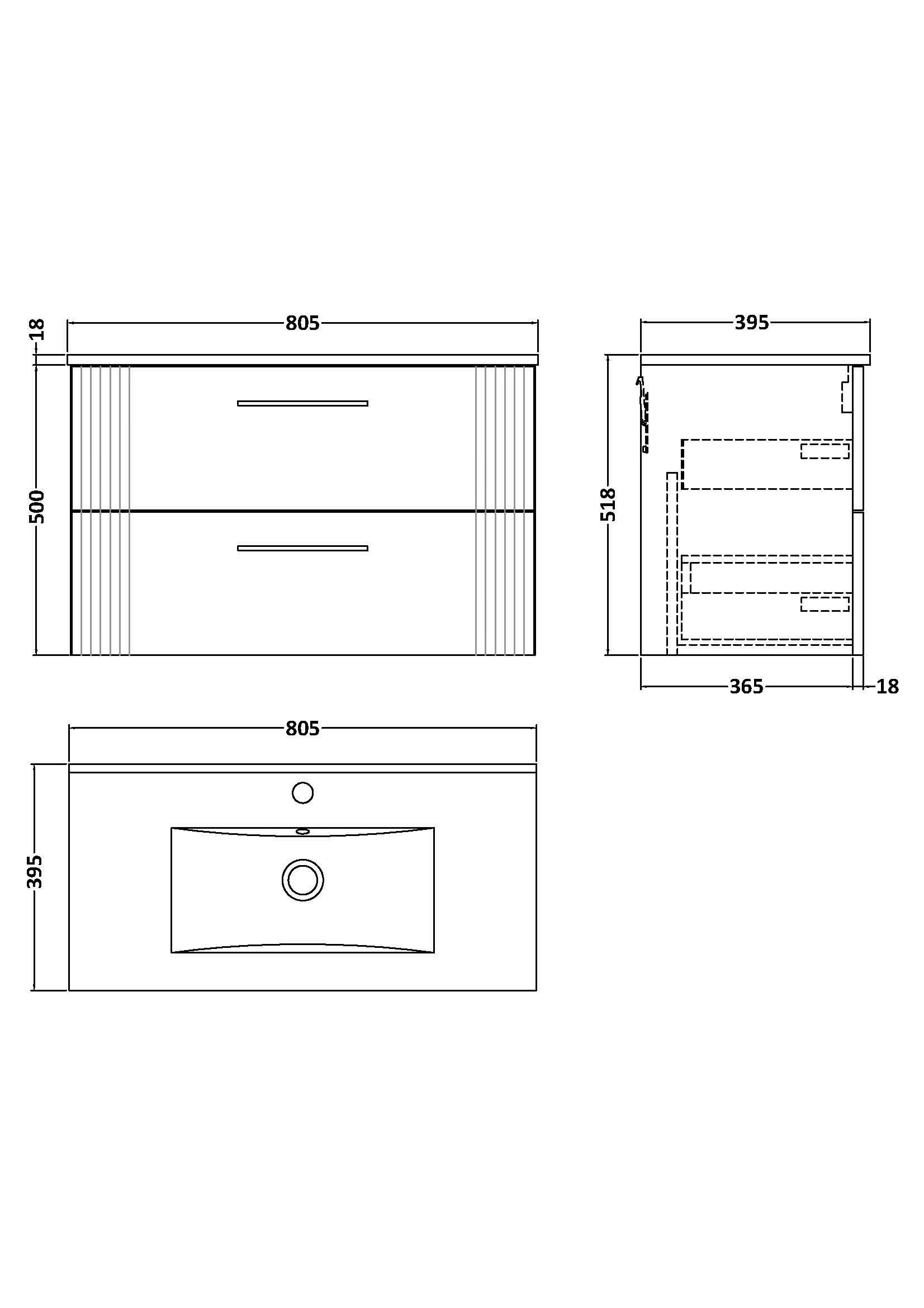 Nuie Deco 2 Drawer Wall Hung Vanity Unit With Basin-2 800mm Wide