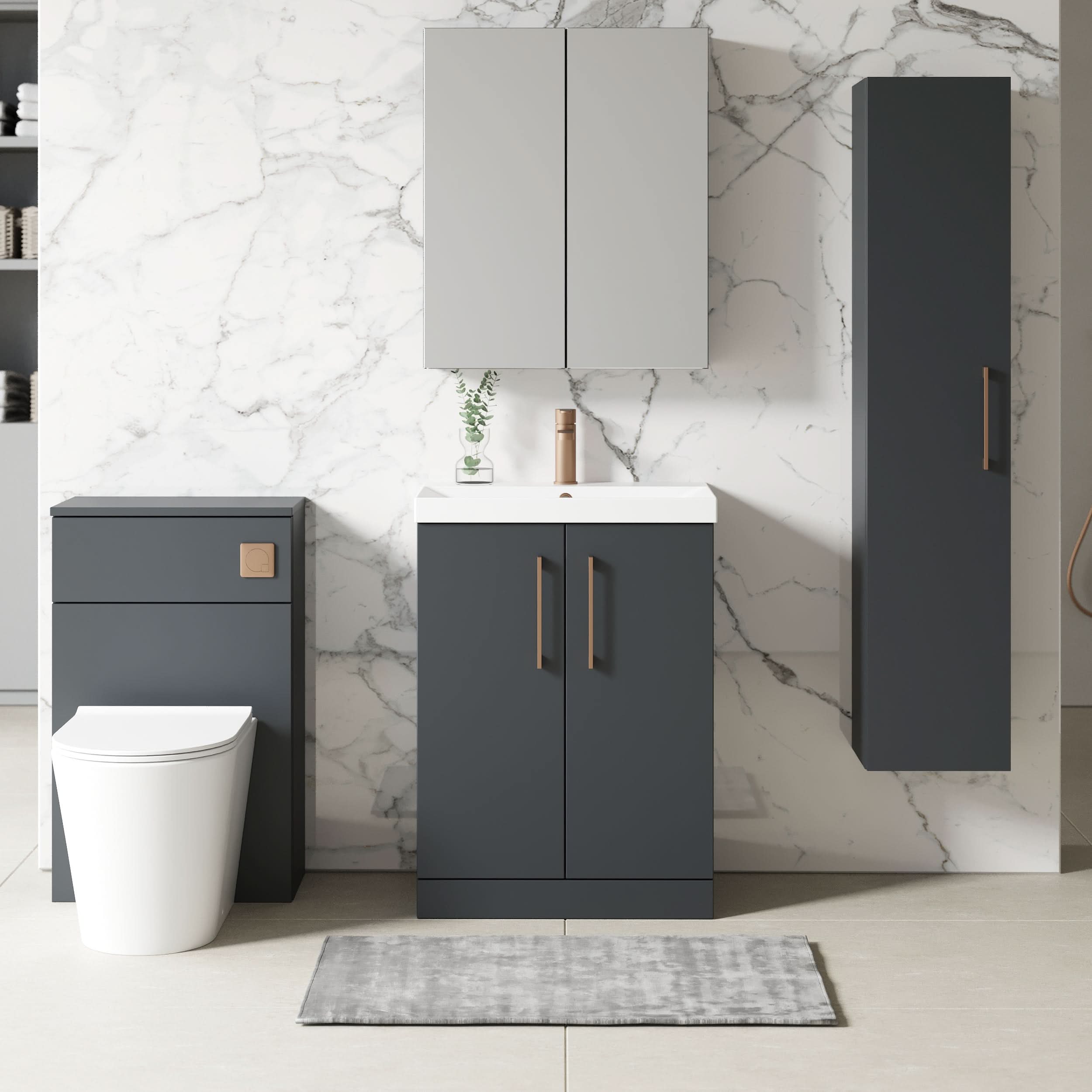 Nuie Arno Floor Standing 2 Door Vanity & Thin-Edge Ceramic Basin, Premium Floor Standing Vanity Unit in Soft Black, 600mm