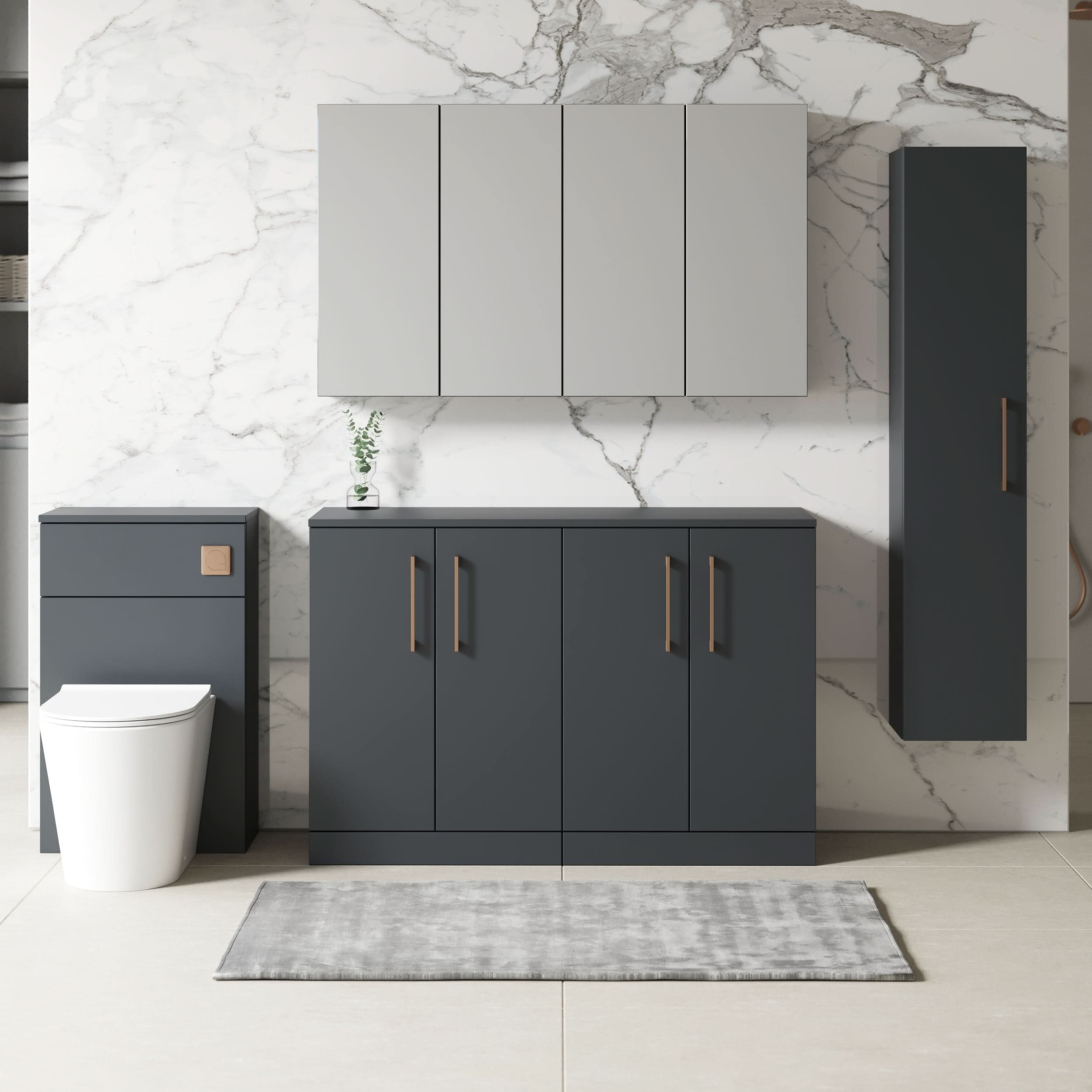 Nuie Arno Floor Standing 4 Door Vanity & Laminate Worktop, Contemporary Floor Standing Vanity Unit in Soft Black, 1200mm