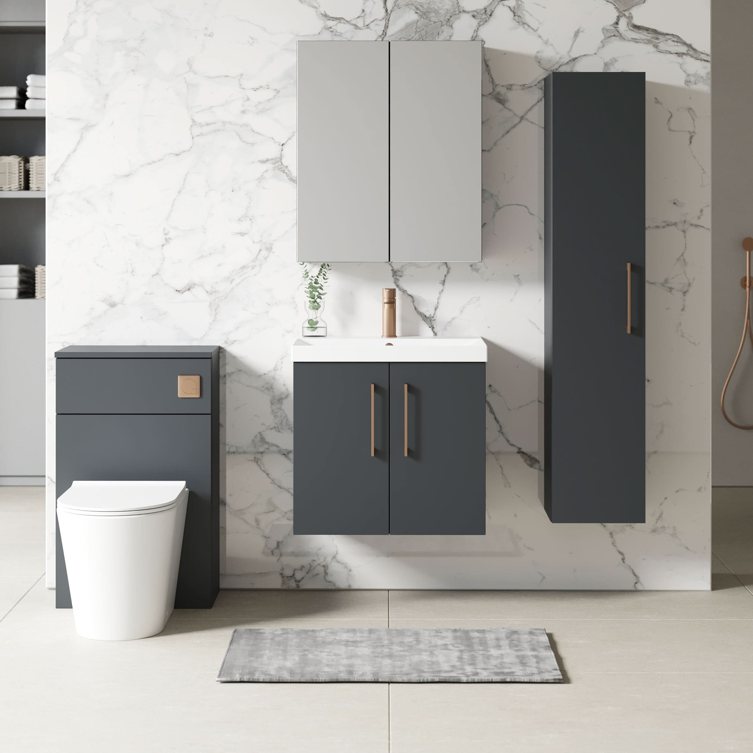 Nuie Arno Wall Hung 2 Door Vanity Unit & Thin-Edge Ceramic Basin, Contemporary Vanity Unit with Basin, Soft Black, 600mm