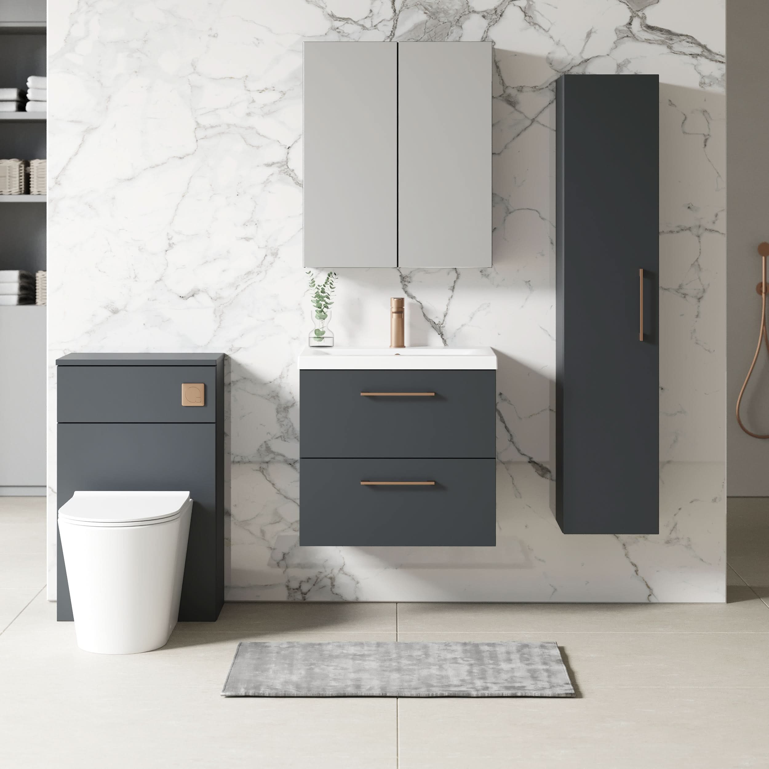 Nuie Arno Wall Hung 2 Drawer Vanity Unit & Mid-Edge Ceramic Basin, Modern Wall Hung Vanity Unit and Basin, Soft Black, 600mm