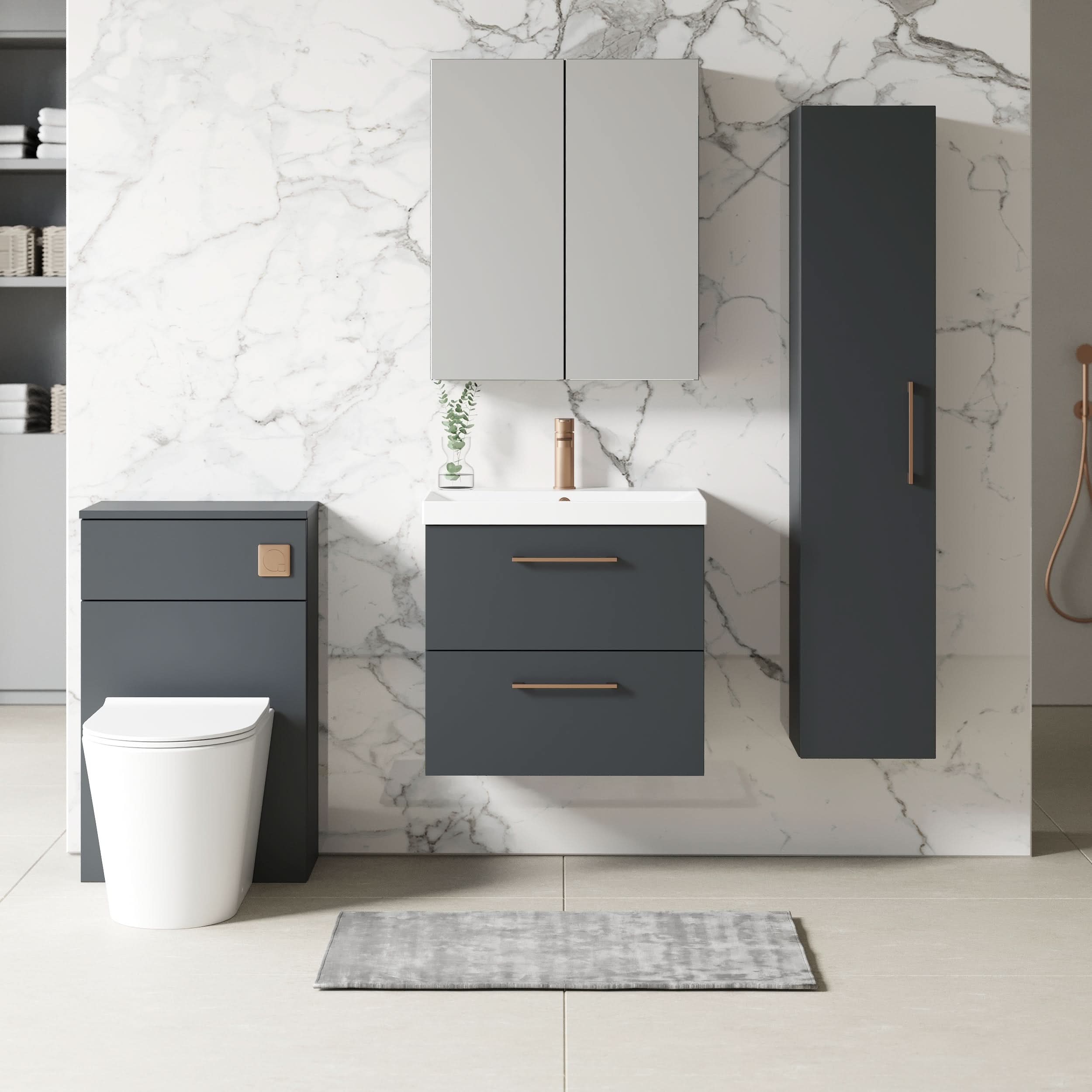 Nuie Arno Wall Hung 2 Drawer Vanity Unit & Thin-Edge Ceramic Basin, Elegant Wall Hung Vanity Unit and Basin, Soft Black, 600mm