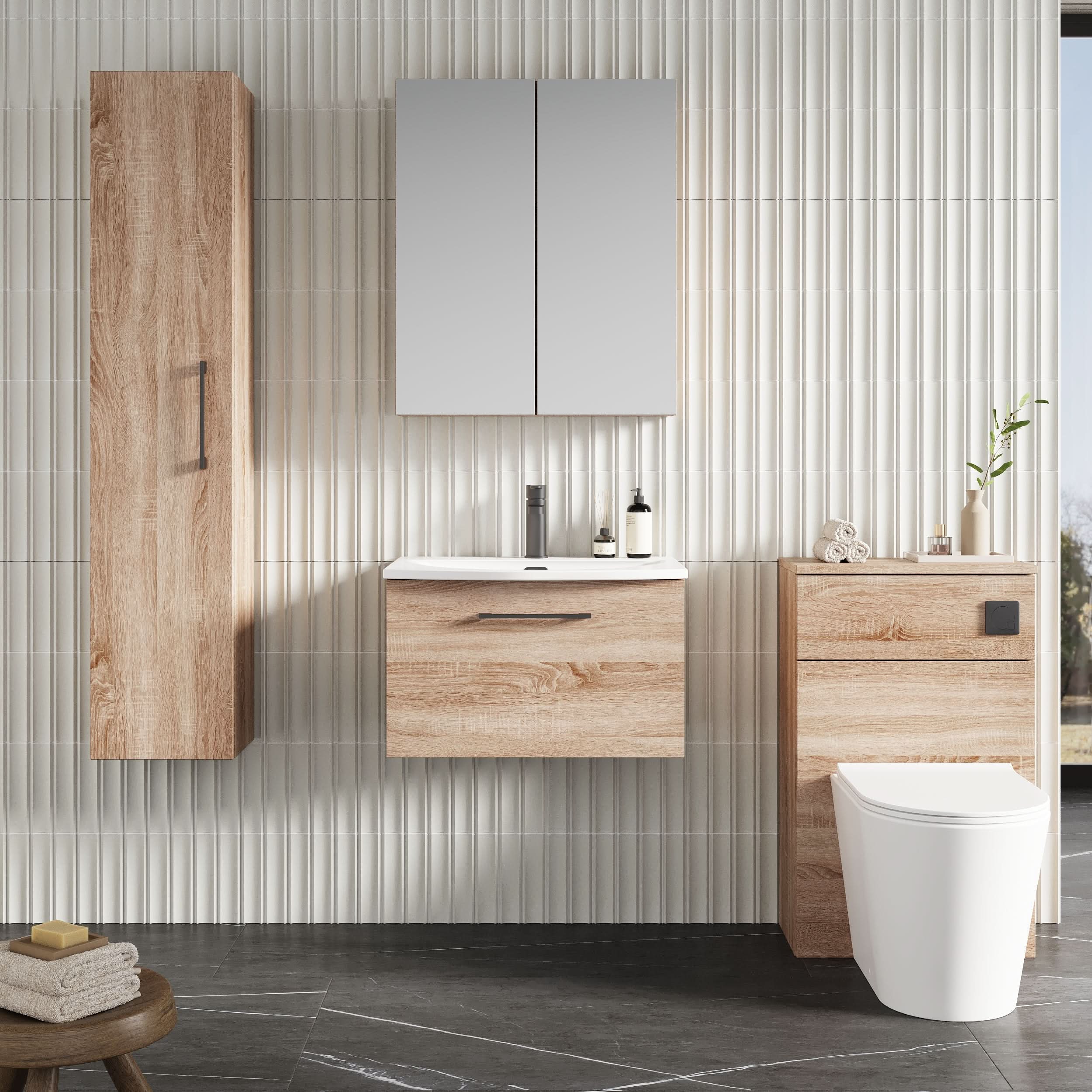 Nuie Arno Wall Hung 1-Drawer Vanity Unit & Curved Ceramic Basin, Modern Sink Vanity Unit with Soft Close Storage in Bleached Oak, 600mm