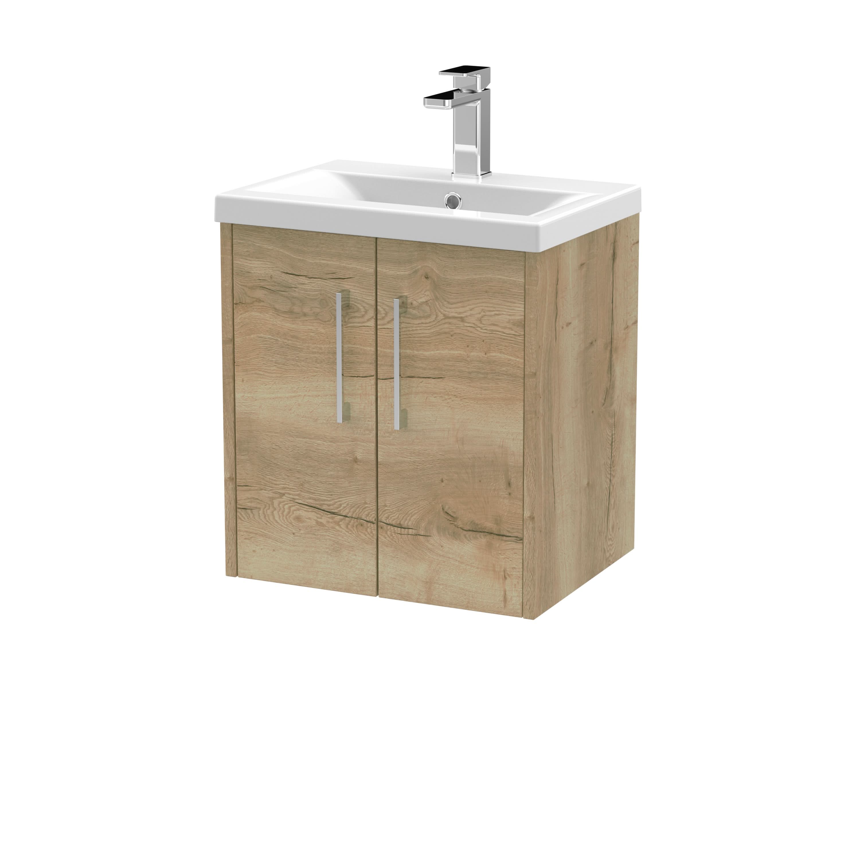 Hudson Reed Juno Wall Hung 2-Door Vanity & Mid-Edge 1 Tap Hole Basin, Premium Sink Vanity Unit, Autumn Oak, 500mm
