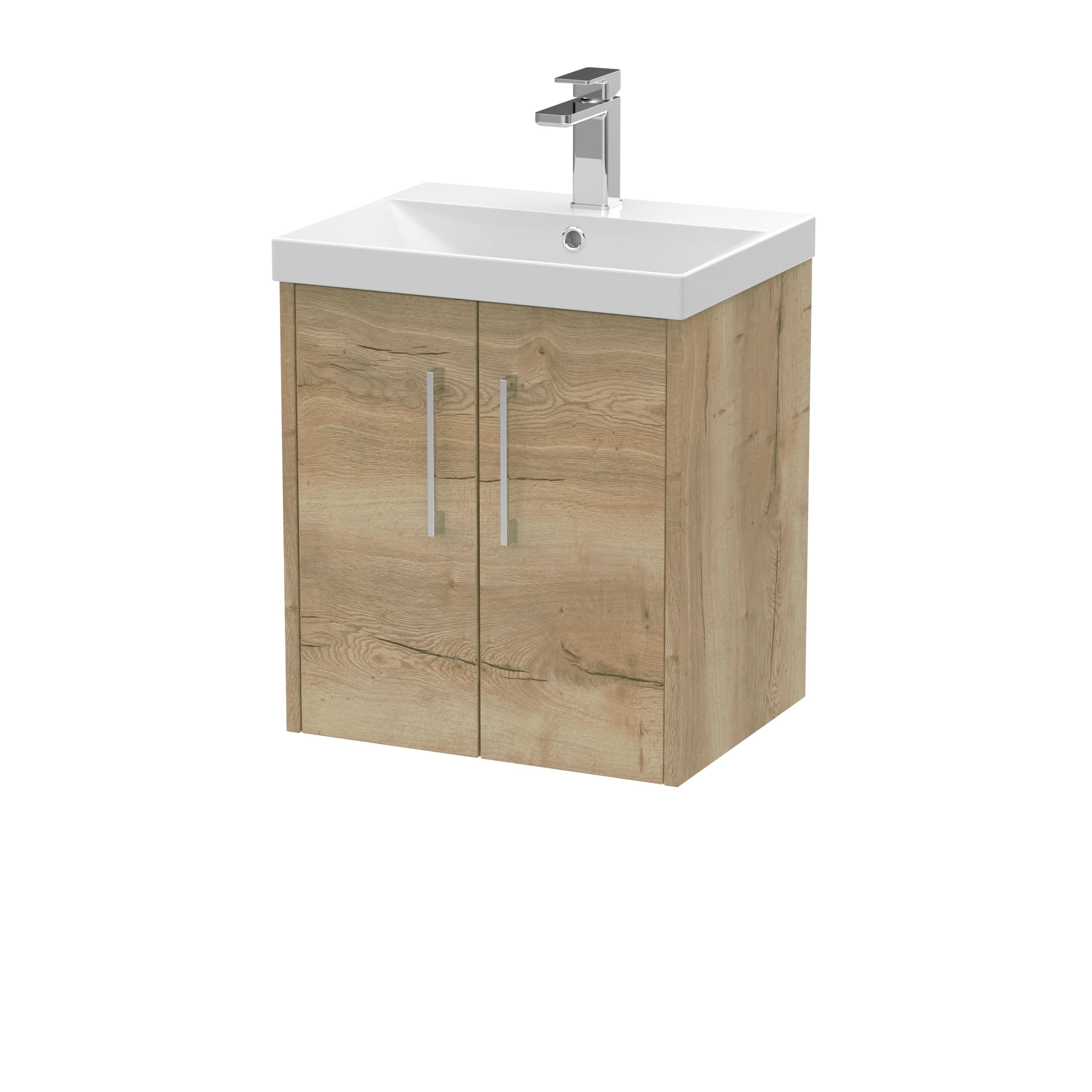 Hudson Reed Juno Wall Hung 2-Door Vanity & Thin-Edge 1 Tap Hole Basin, Premium Sink Vanity Unit, Autumn Oak, 500mm