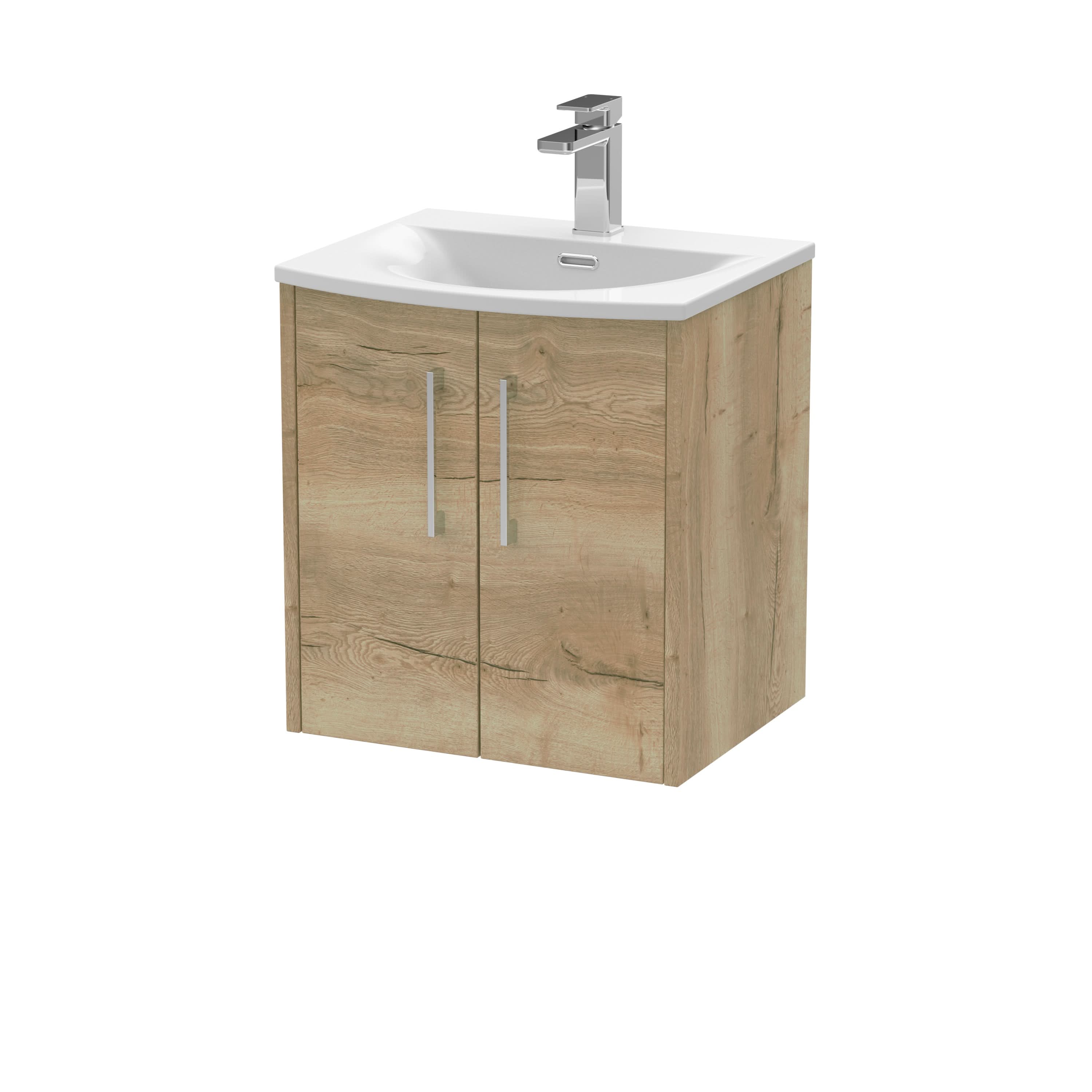 Hudson Reed Juno Wall Hung 2-Door Vanity & Curved 1 Tap Hole Basin, Premium Sink Vanity Unit, Autumn Oak, 500mm
