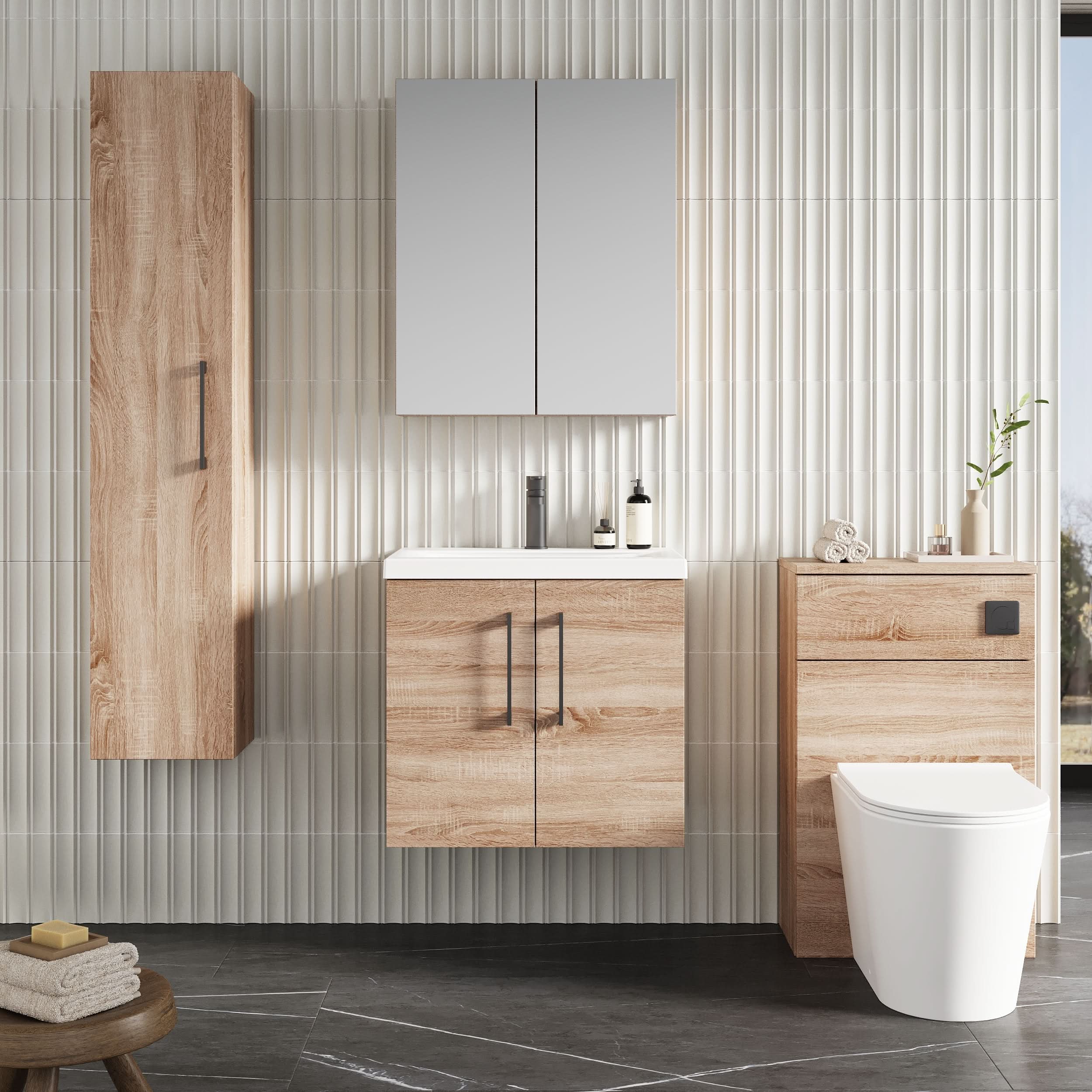 Nuie Arno Wall Hung 2-Door Vanity Unit & Mid-Edge Ceramic Basin, Compact Vanity Unit with Basin, Bleached Oak, 600mm
