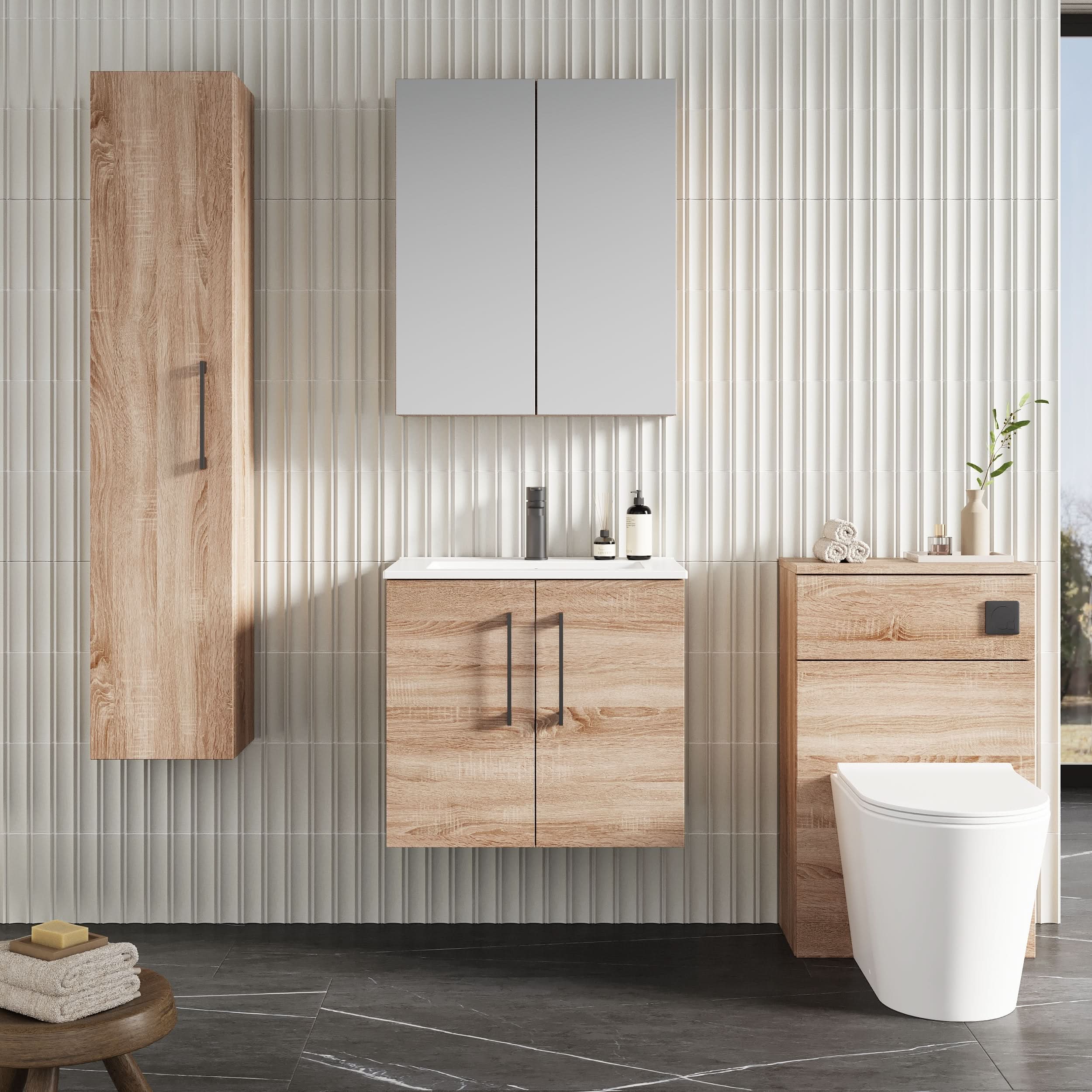 Nuie Arno Wall Hung 2-Door Vanity Unit & Minimalist Ceramic Basin, Contemporary Vanity Unit with Basin, Bleached Oak, 600mm