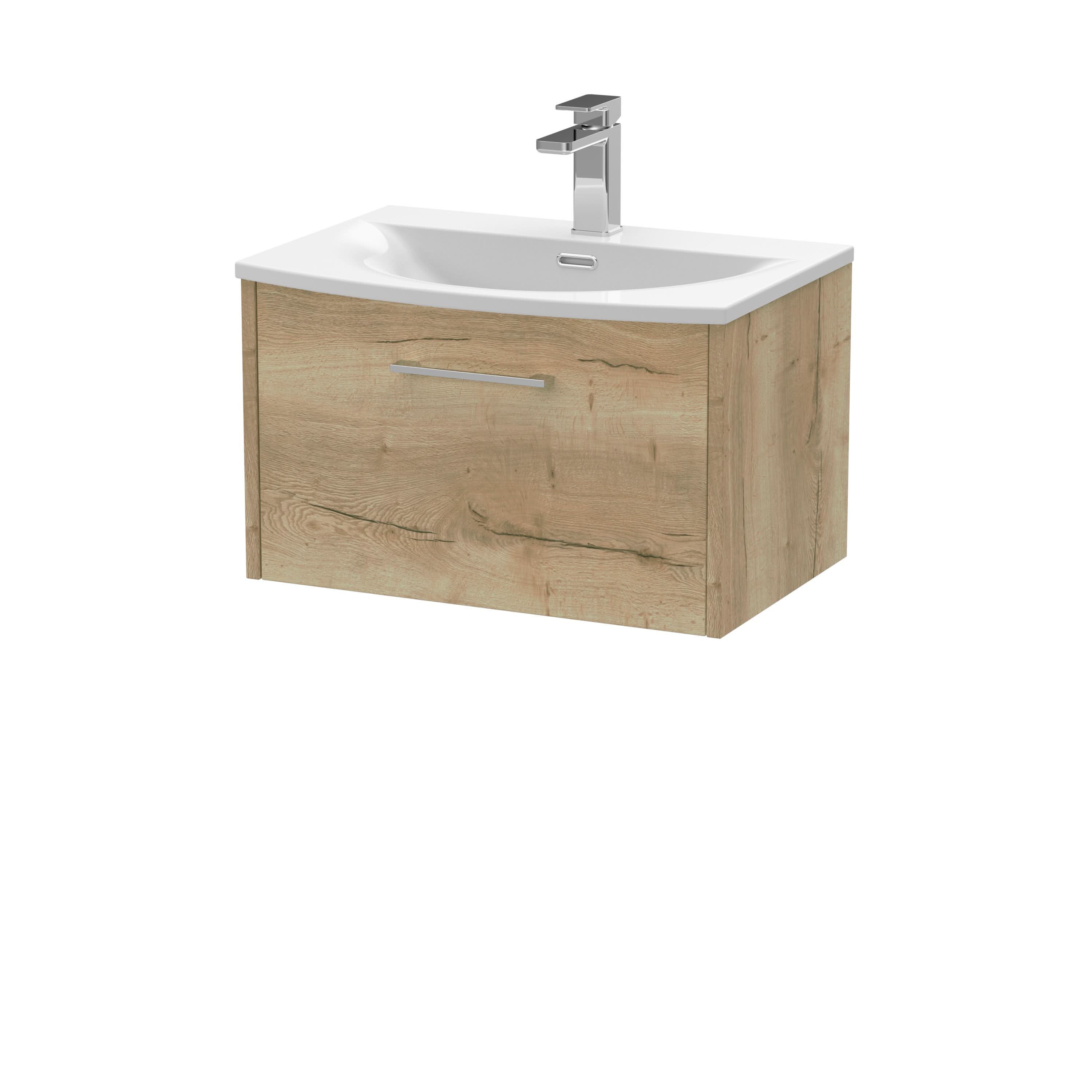 Hudson Reed Juno Wall Hung 2-Drawer Vanity and Curved 1 Tap Hole Basin, Modern Sink Vanity Unit, Autumn Oak, 600mm