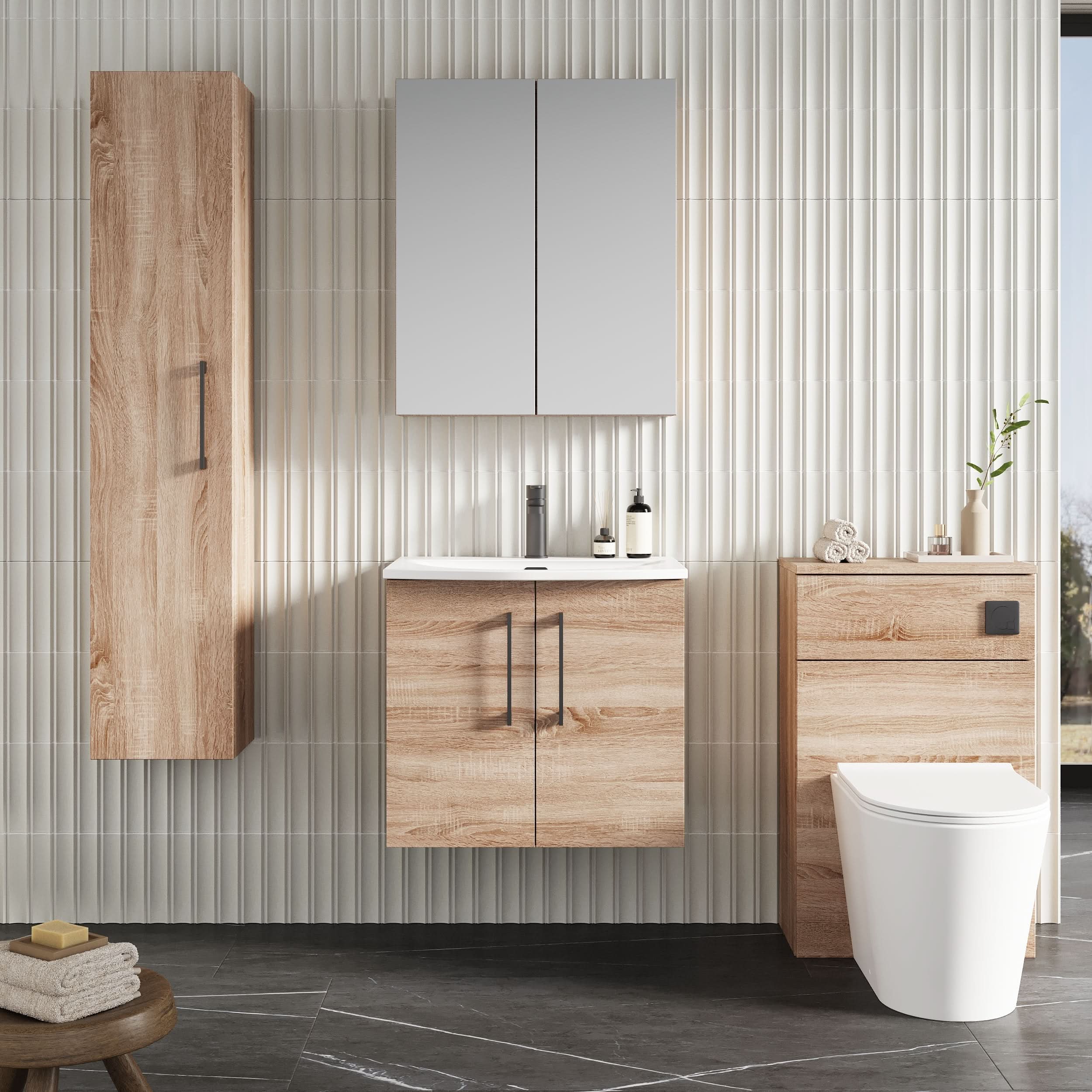 Nuie Arno Wall Hung 2-Door Vanity Unit & Curved Ceramic Basin, Contemporary Vanity Unit with Basin, Bleached Oak, 600mm