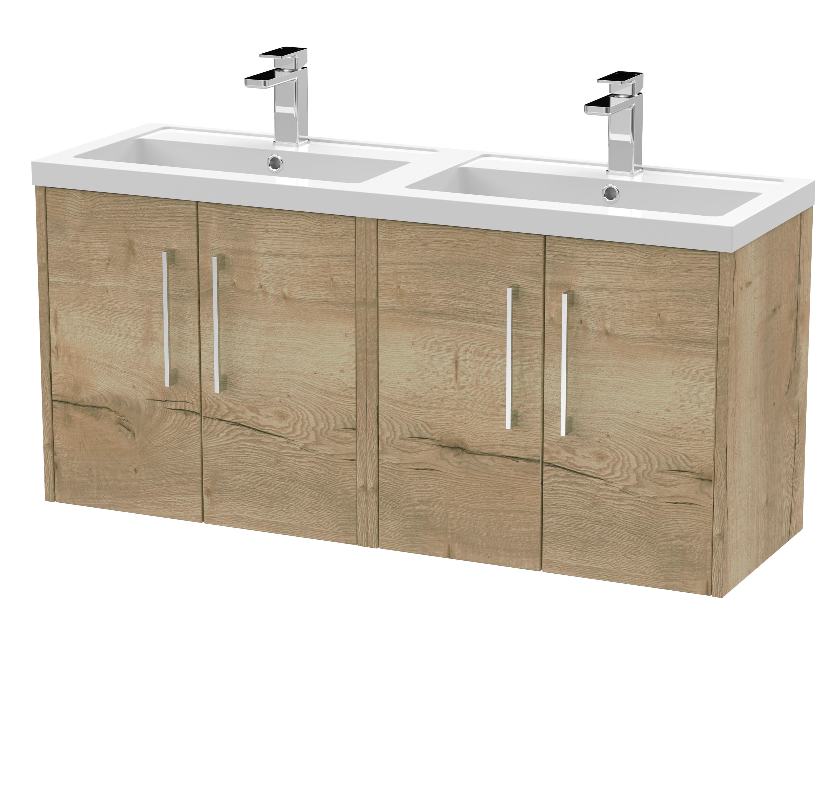 Hudson Reed Fluted Wall Hung 4-Door Vanity and Double Polymarble Basin, Stylish Sink Vanity Unit, Autumn Oak, 1200mm